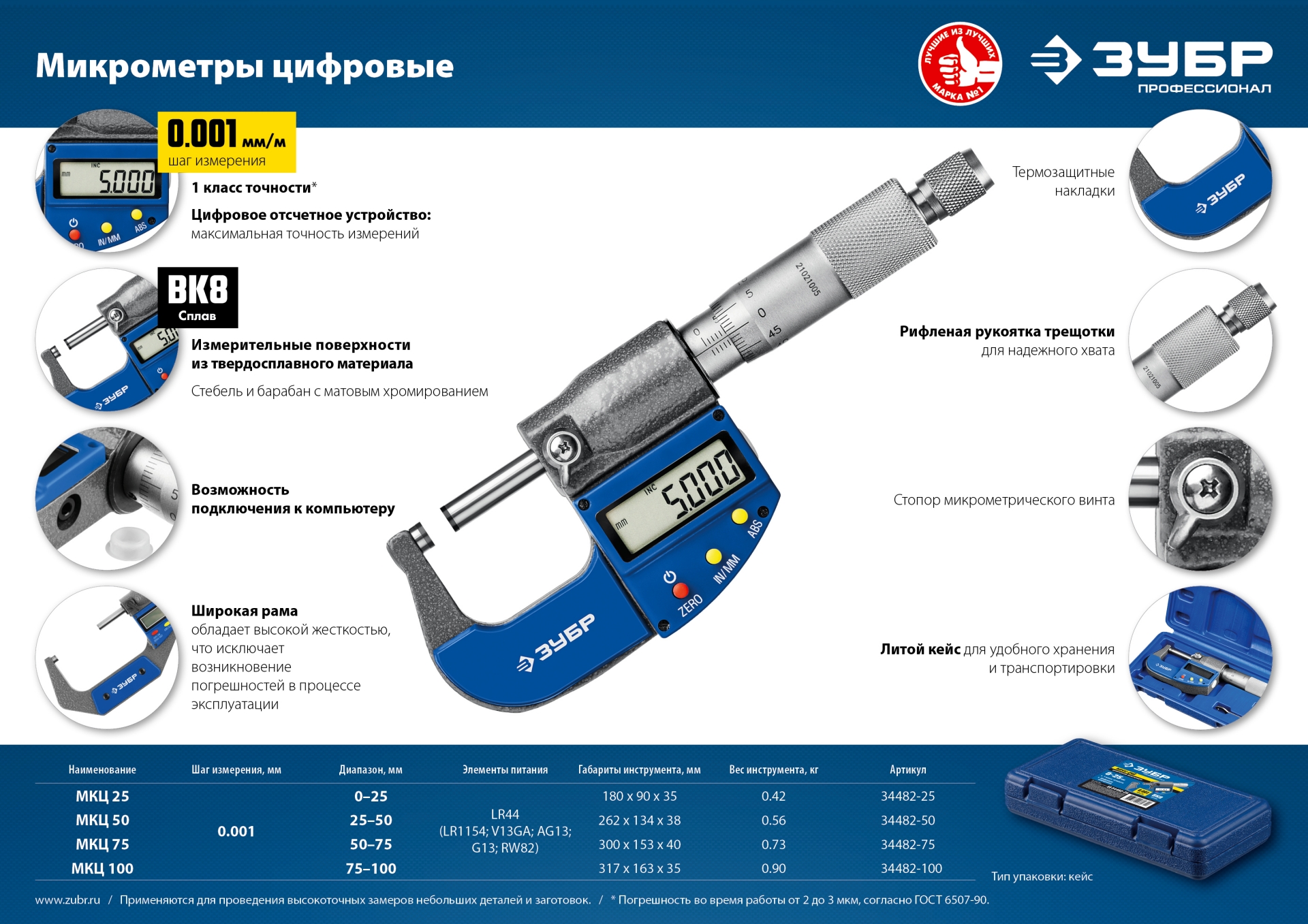 ЗУБР МКЦ 100, 75 - 100 мм, гладкий цифровой микрометр (34482-100)