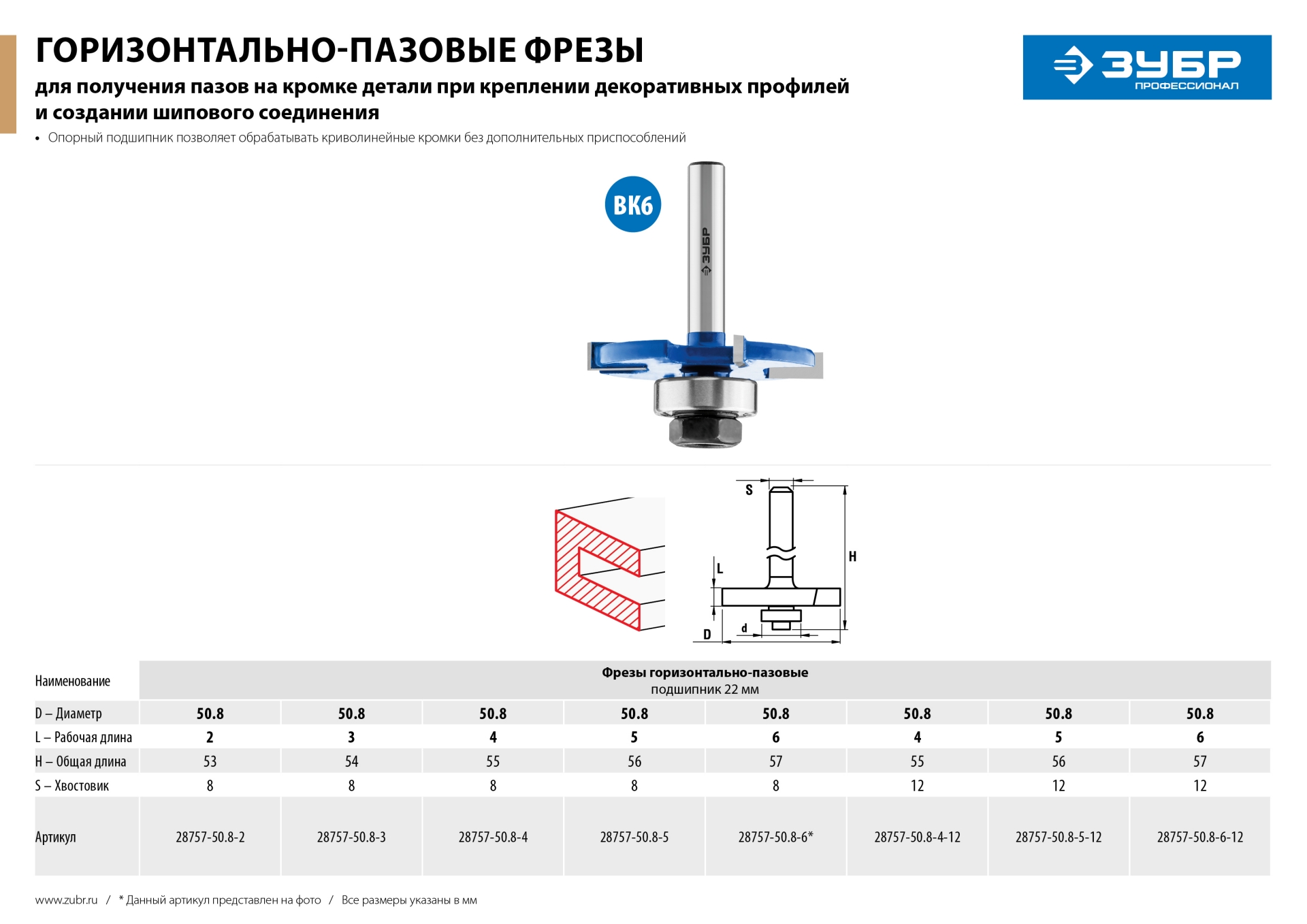 ЗУБР 50.8 x 3 мм, хвостовик 8 мм, фреза горизонтально-пазовая, Профессионал (28757-50.8-3)