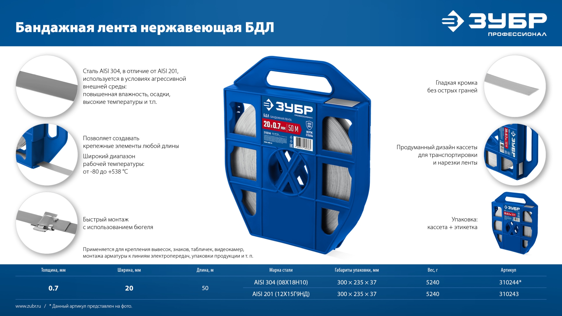 ЗУБР БДЛ 20 х 0.7 мм, 50 м, бандажная лента нержавеющая, AISI 304, Профессионал (310244)