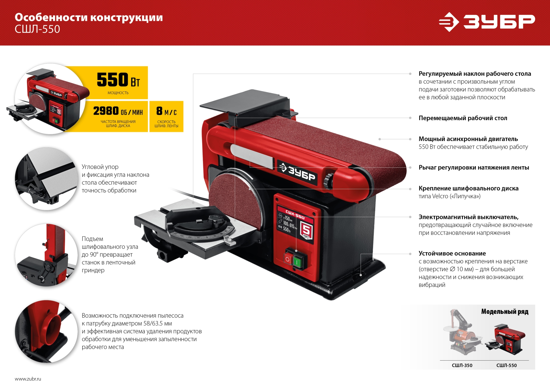 ЗУБР d 150 мм, 100 х 914 мм лента, 550 Вт, тарельчато - ленточный шлифовальный станок (СШЛ-550)