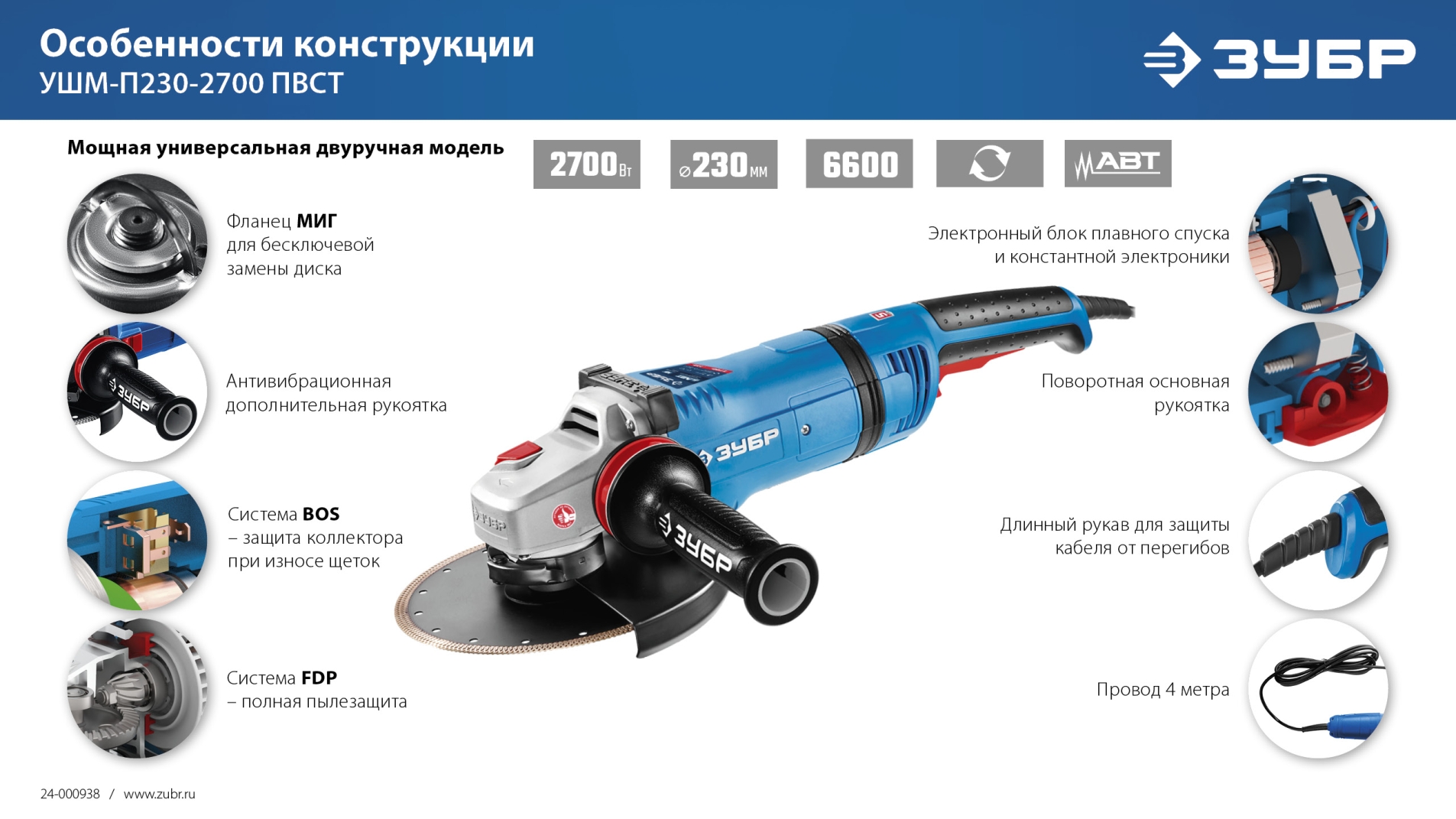ЗУБР 2700 Вт, d230 мм, УШМ, АВТ защита, фланец ″МИГ″, Профессионал (УШМ-П230-2700 ПВСТ)