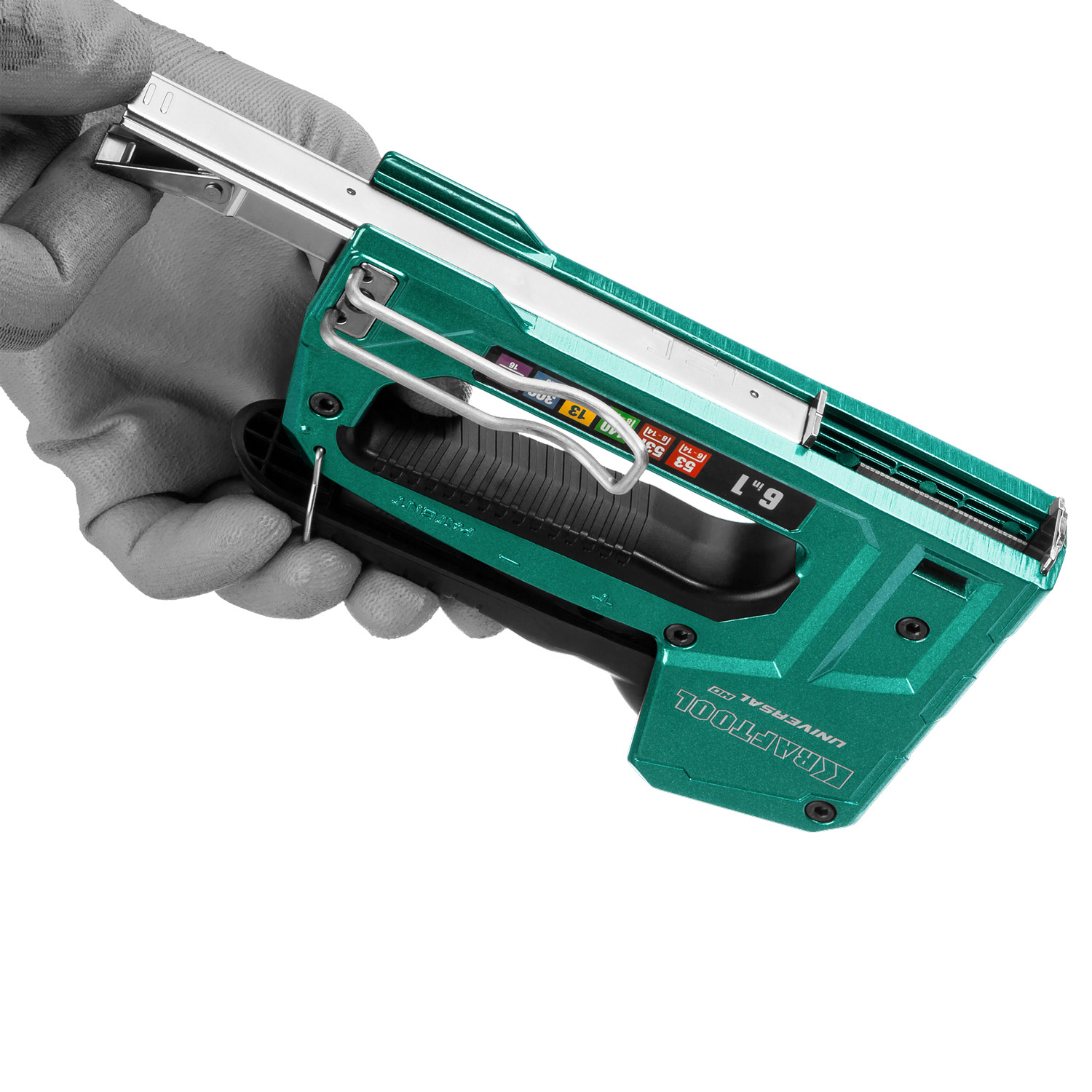KRAFTOOL Universal-HD, 6-в-1: 53 (A/10/JT21) 23GA (6 - 14 мм)/140 (G/11/57) 20GA (8 - 14 мм)/13/53F/300/500, универсальный алюминиевый степлер (3188)