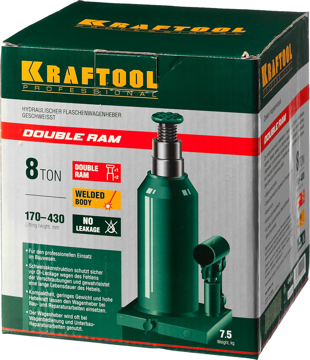 KRAFTOOL DOUBLE RAM, 8 т, 170 - 430 мм, с увеличенным подъемом, двухштоковый бутылочный домкрат (43463-8)