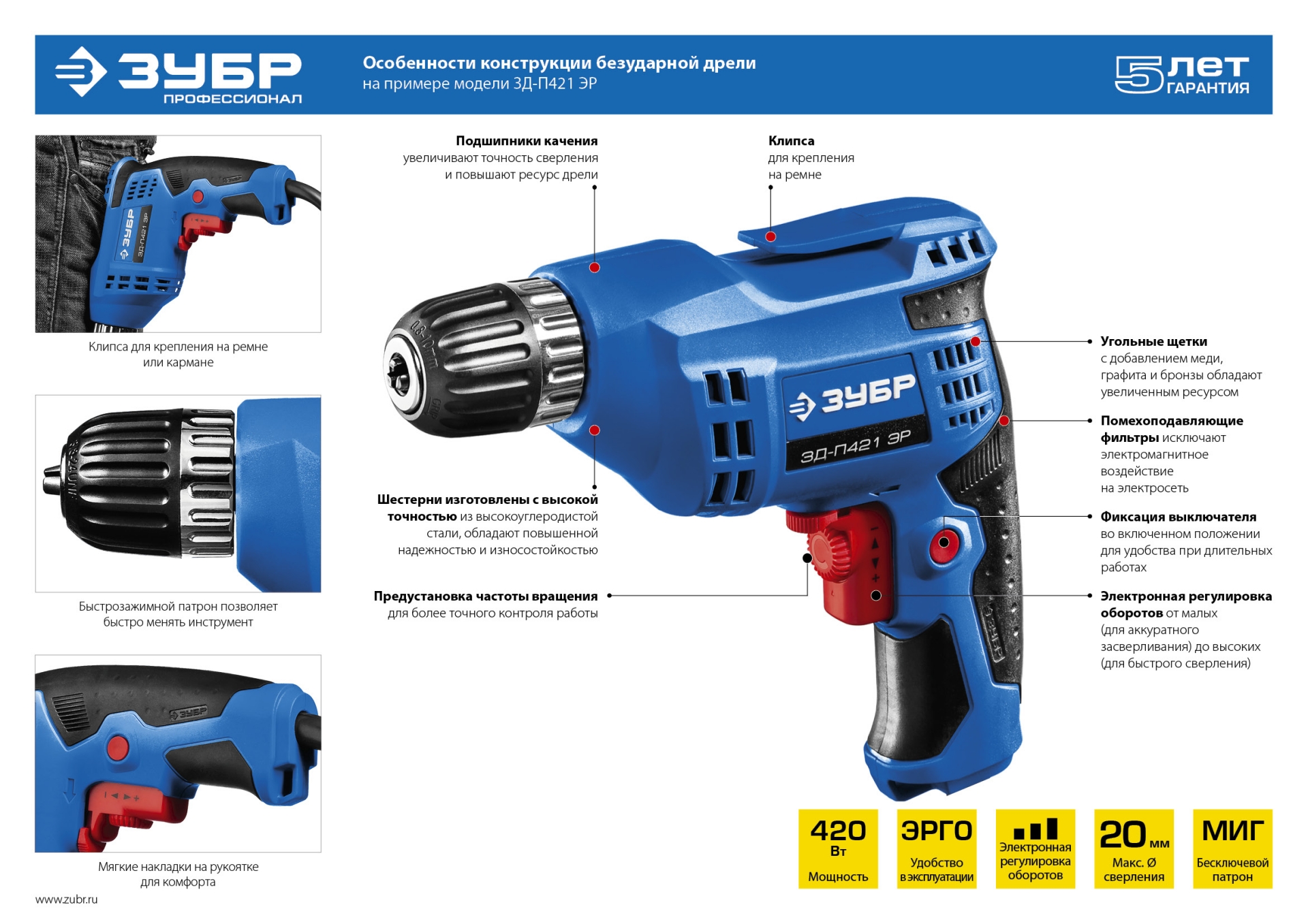 ЗУБР 420 Вт, 10 мм БЗП, безударная дрель, Профессионал (ЗД-П421 ЭР)