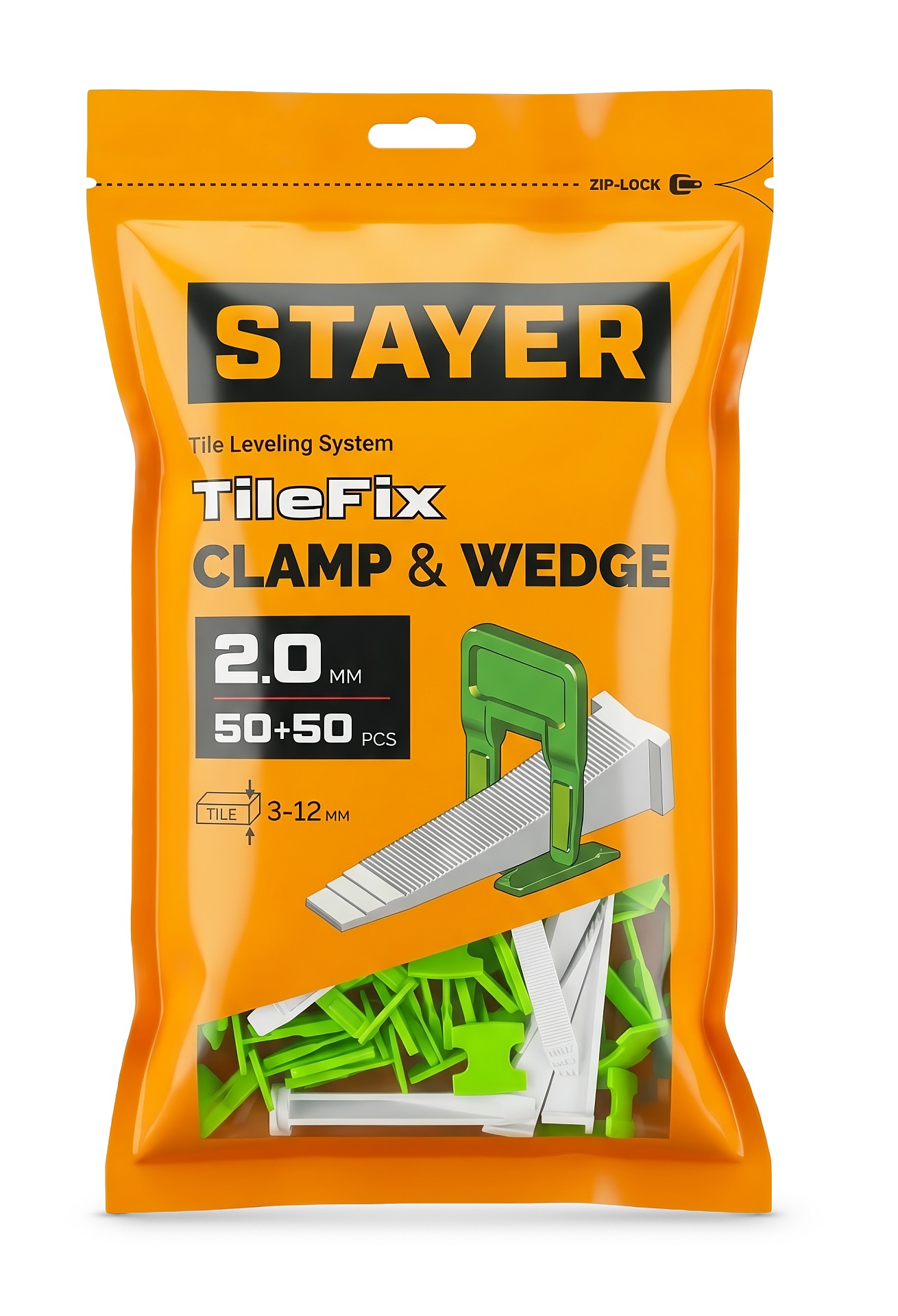 STAYER СВП TileFix, комплект: 2,0 мм, зажим + клин, 50 + 50 шт, система выравнивания плитки ″ворота″ (33843-H50)