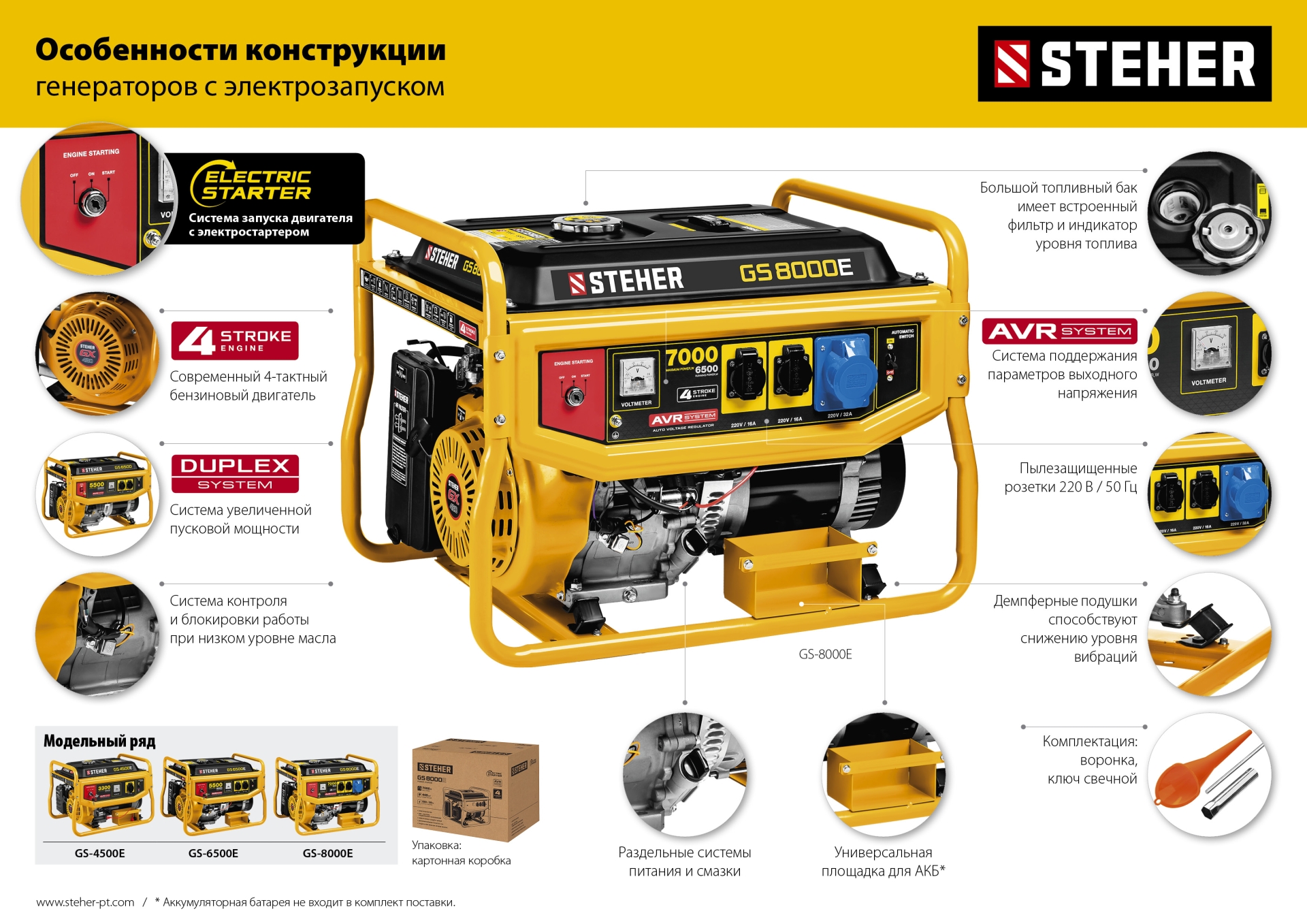 STEHER 5500 Вт, бензиновый генератор с электростартером (GS-6500E)