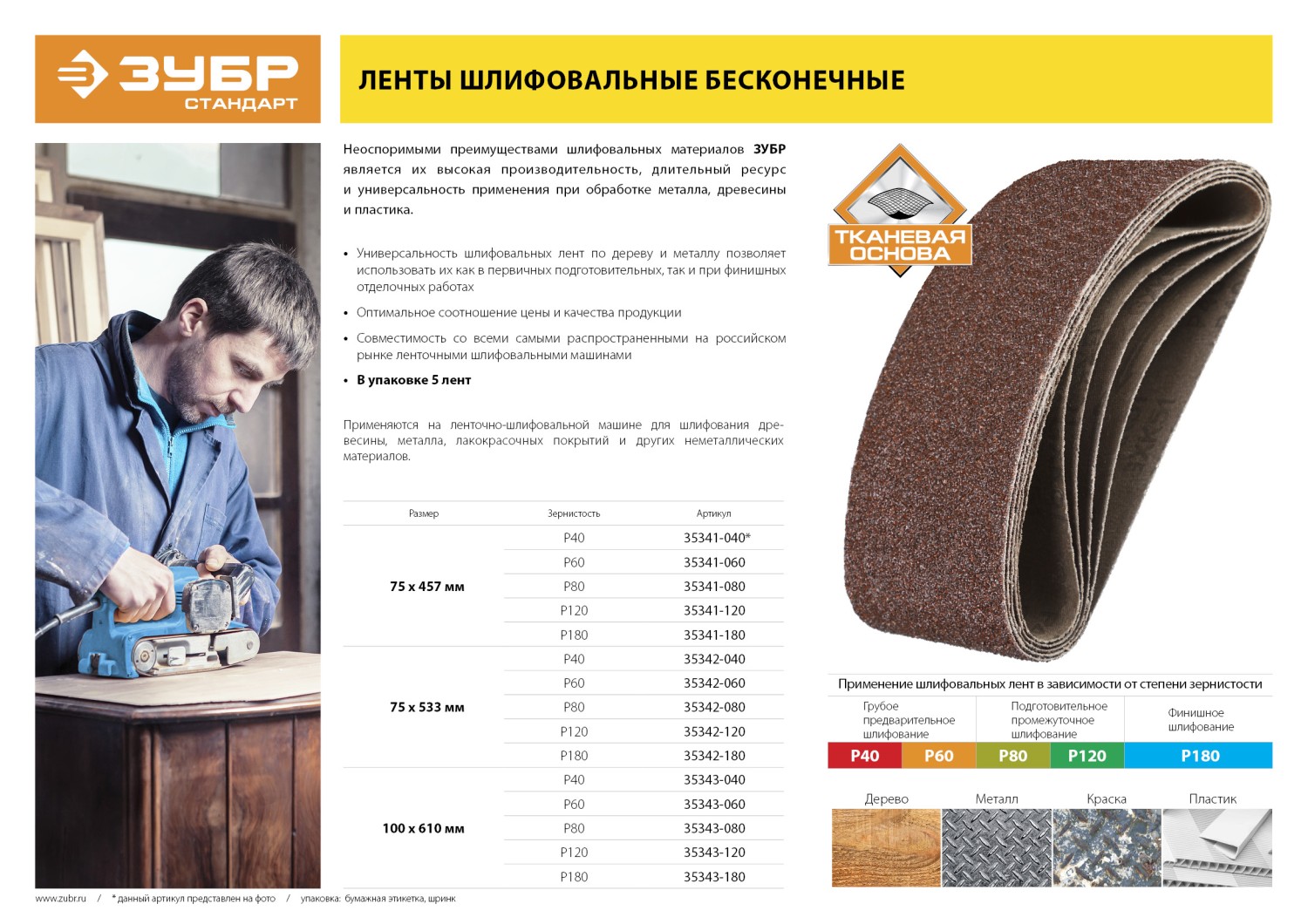 ЗУБР 75х533 мм, P180, лента шлифовальная СТАНДАРТ, для ЛШМ, 5 шт.
