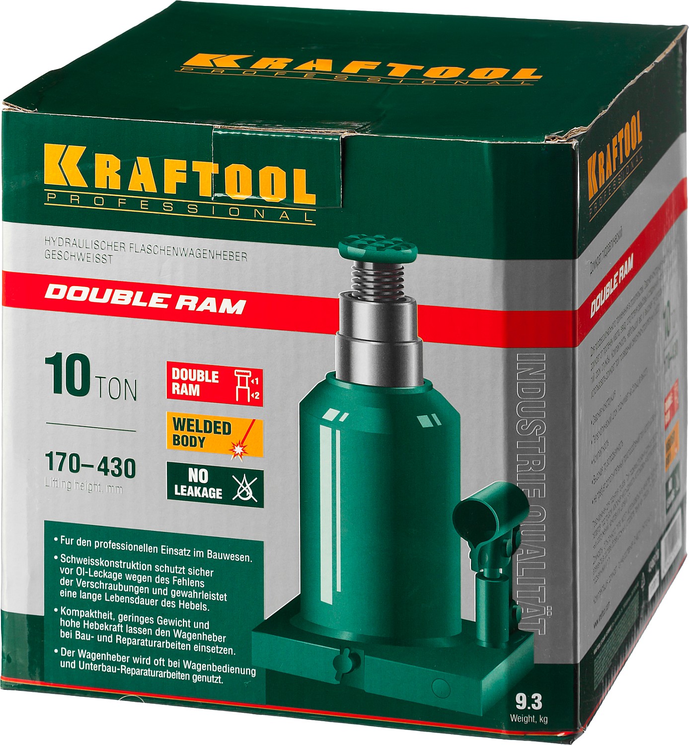 KRAFTOOL DOUBLE RAM, 10 т, 170 - 430 мм, с увеличенным подъемом, двухштоковый бутылочный домкрат (43463-10)