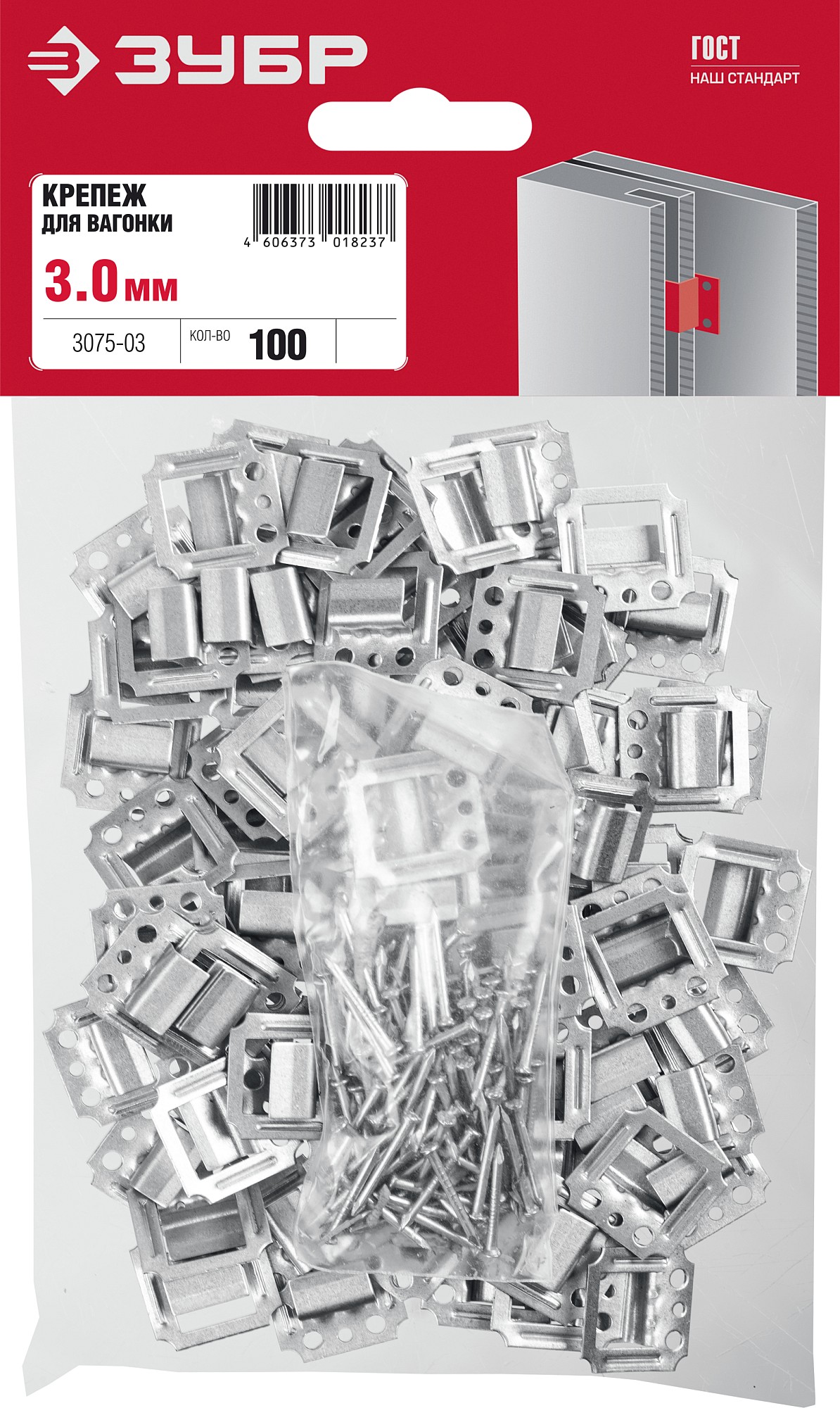 ЗУБР Кляймер, 3 мм, цинк, 100 шт, крепеж для вагонки (3075-03)