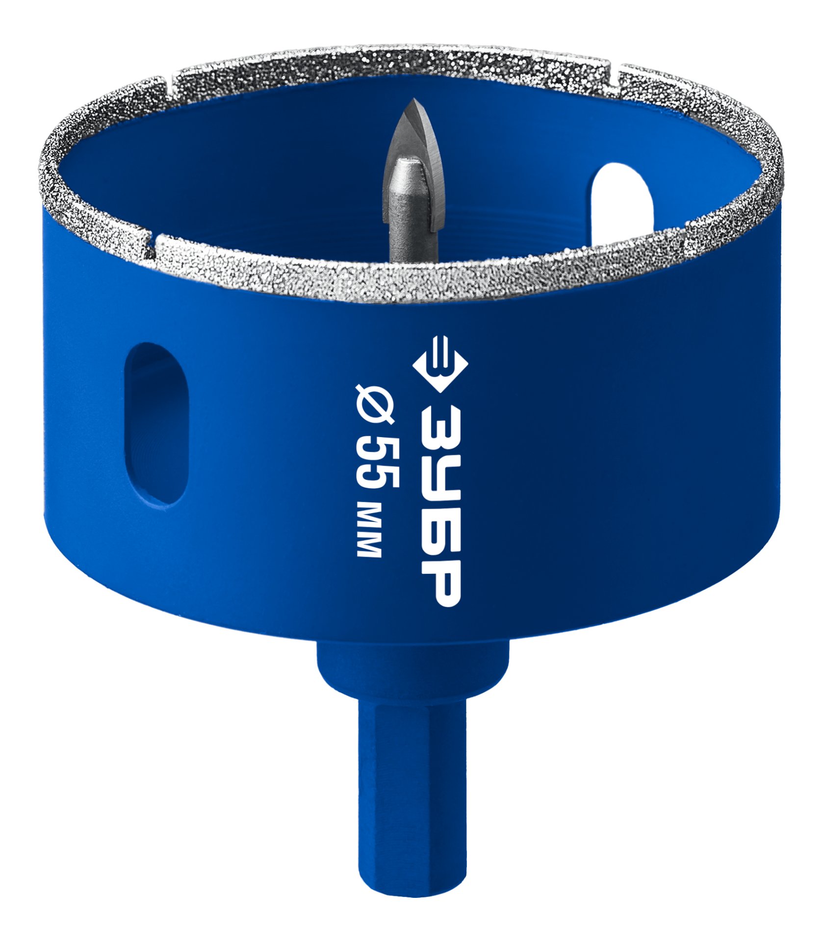 ЗУБР АГК d 55 мм (центр. сверло, трехгр. хвост, Р60), Алмазная коронка, Профессионал (29850-55)