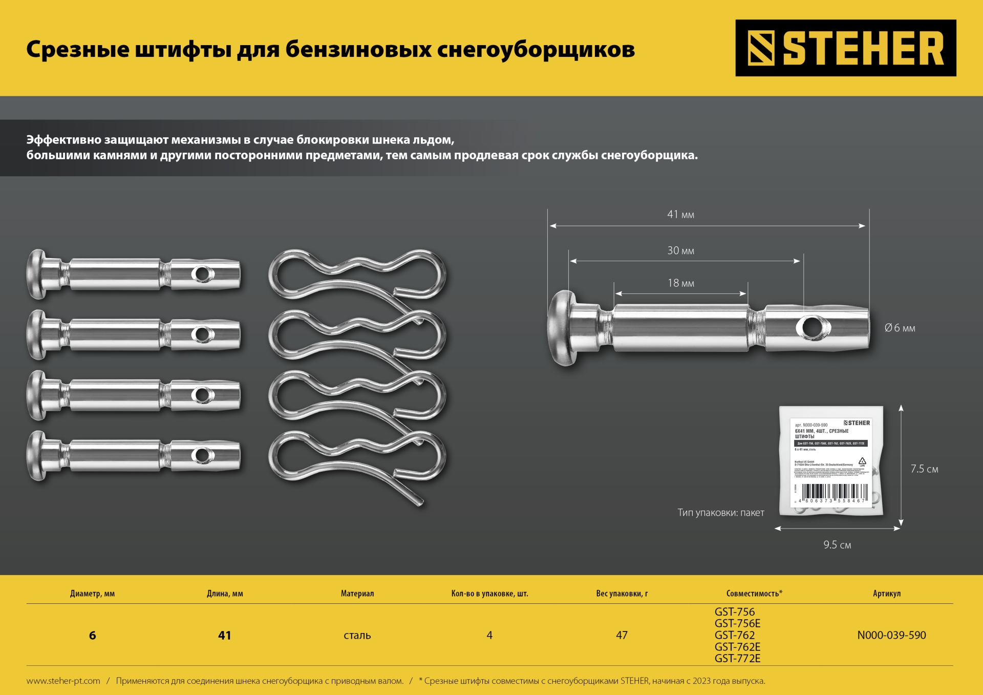Штифты срезные для снегоуборщиков (набор 4 шт.)