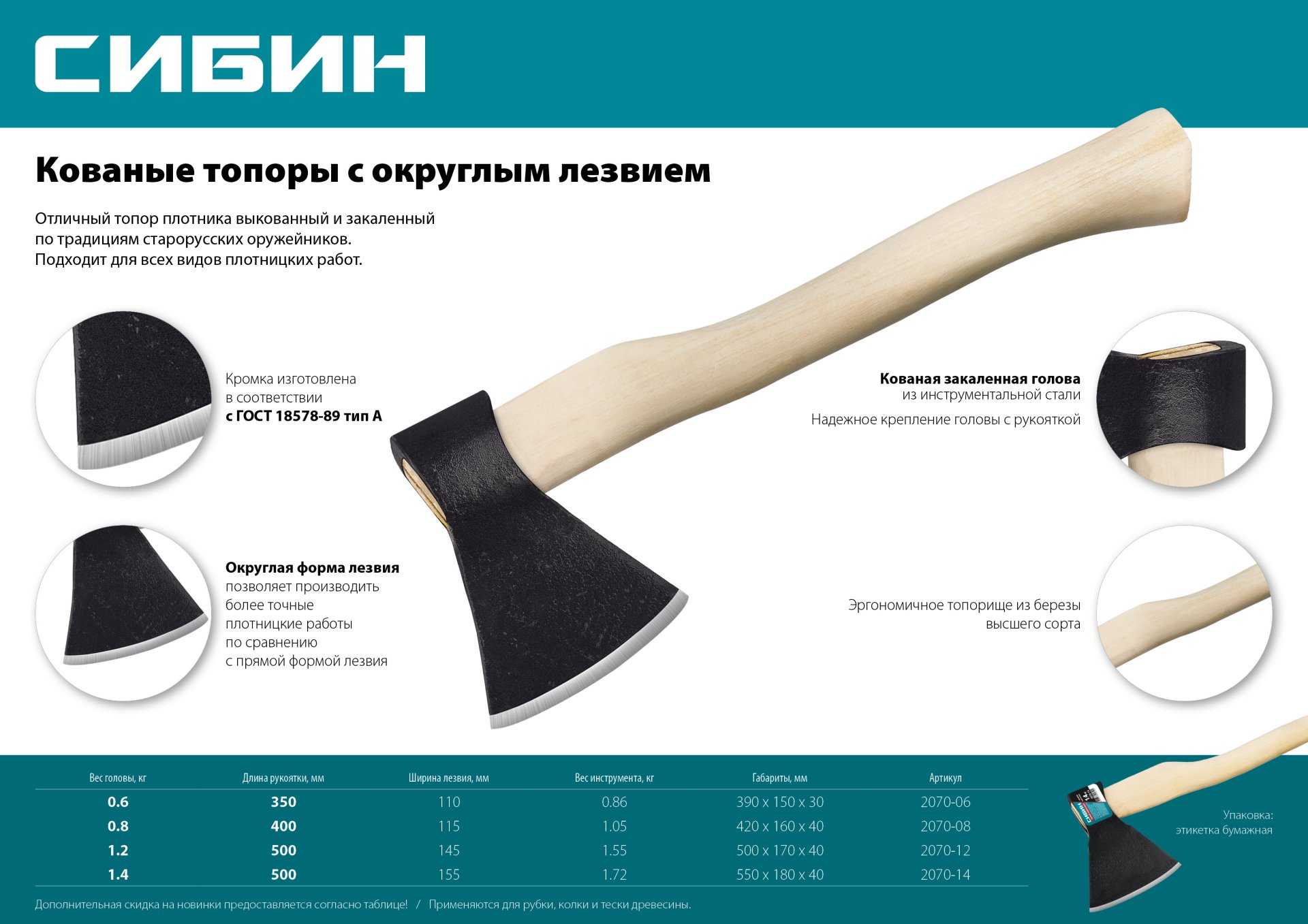 СИБИН 1400/1750 г, 500 мм, кованый топор с округлым лезвием (2070-14)