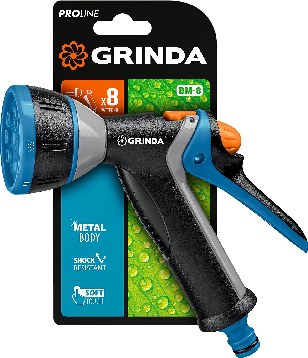 GRINDA BM-8, 8 режимов, курок сзади, металлический с TPR, поливочный пистолет, PROLine (8-427339)