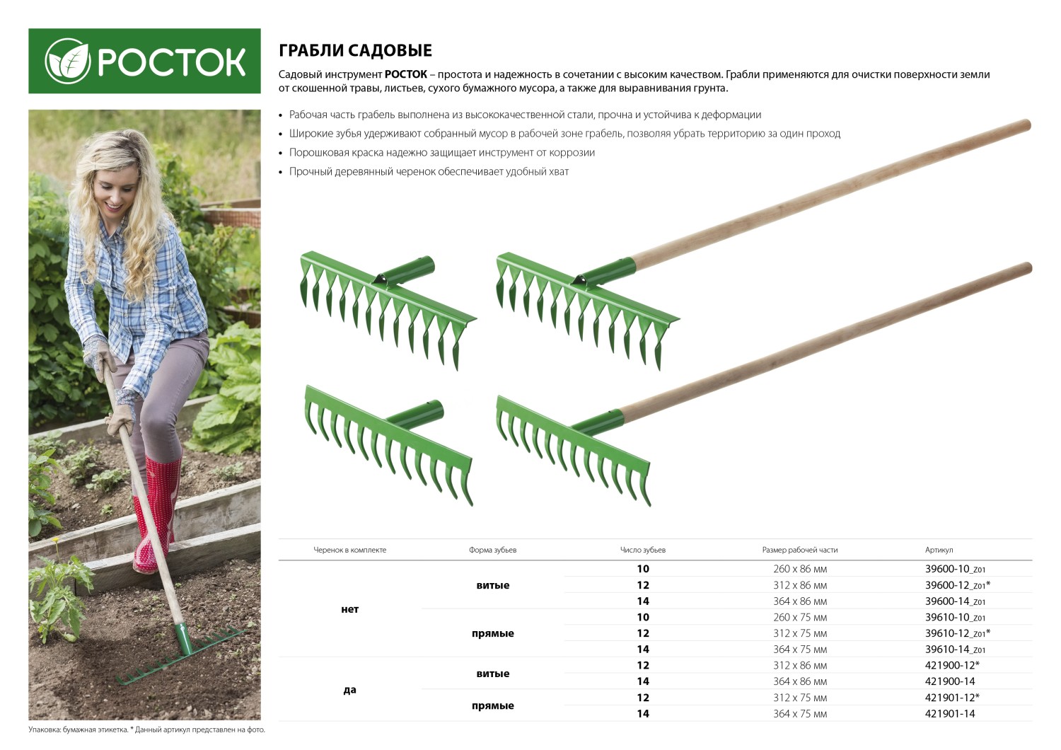 РОСТОК 430 x 100 x 1300 мм, 14 витых зубьев, рабочая поверхность из стали, покрытие краска, черенок деревянный высш. сорт, грабли (421900-14)