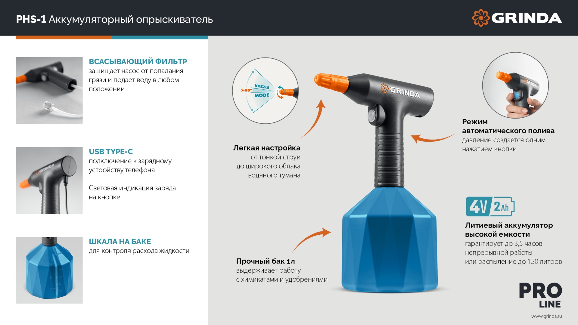 GRINDA 1 л, аккумуляторный опрыскиватель, PROLine (PHS-1)