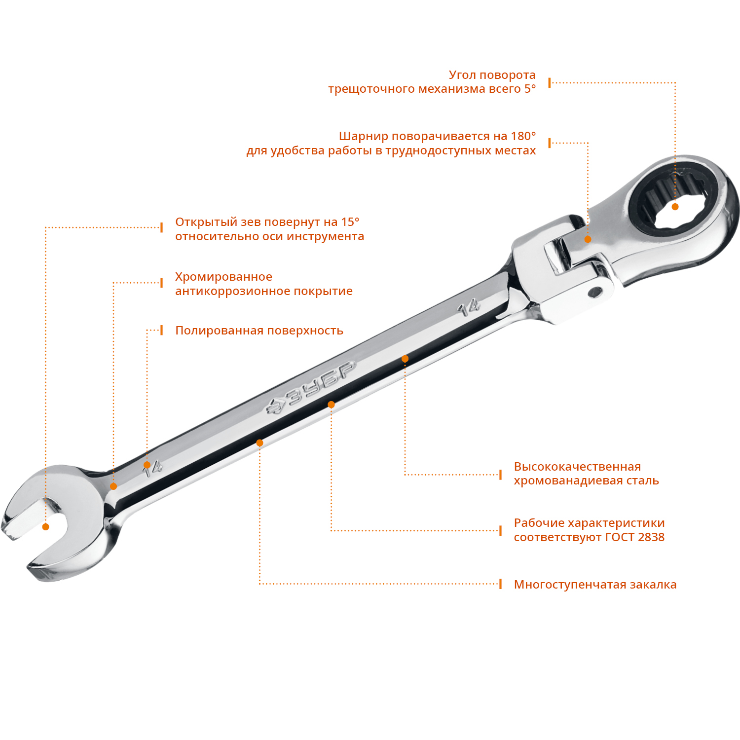 ЗУБР 14 мм, шарнирный трещоточный гаечный ключ, Профессионал (27101-14)