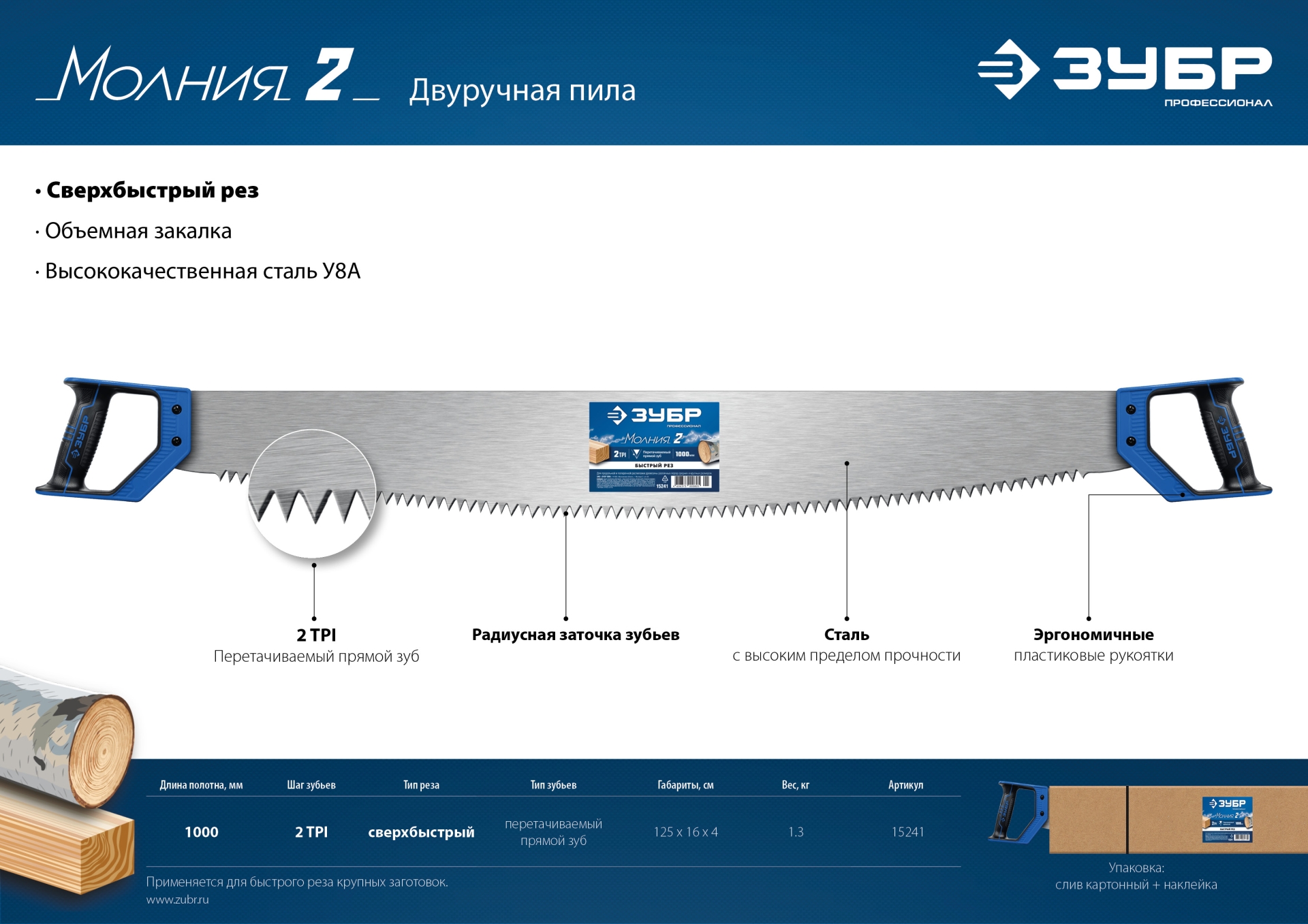 ЗУБР Молния 2, 1000 мм, 2 TPI, двуручная пила с пластиковыми рукоятками, Профессионал (15241)