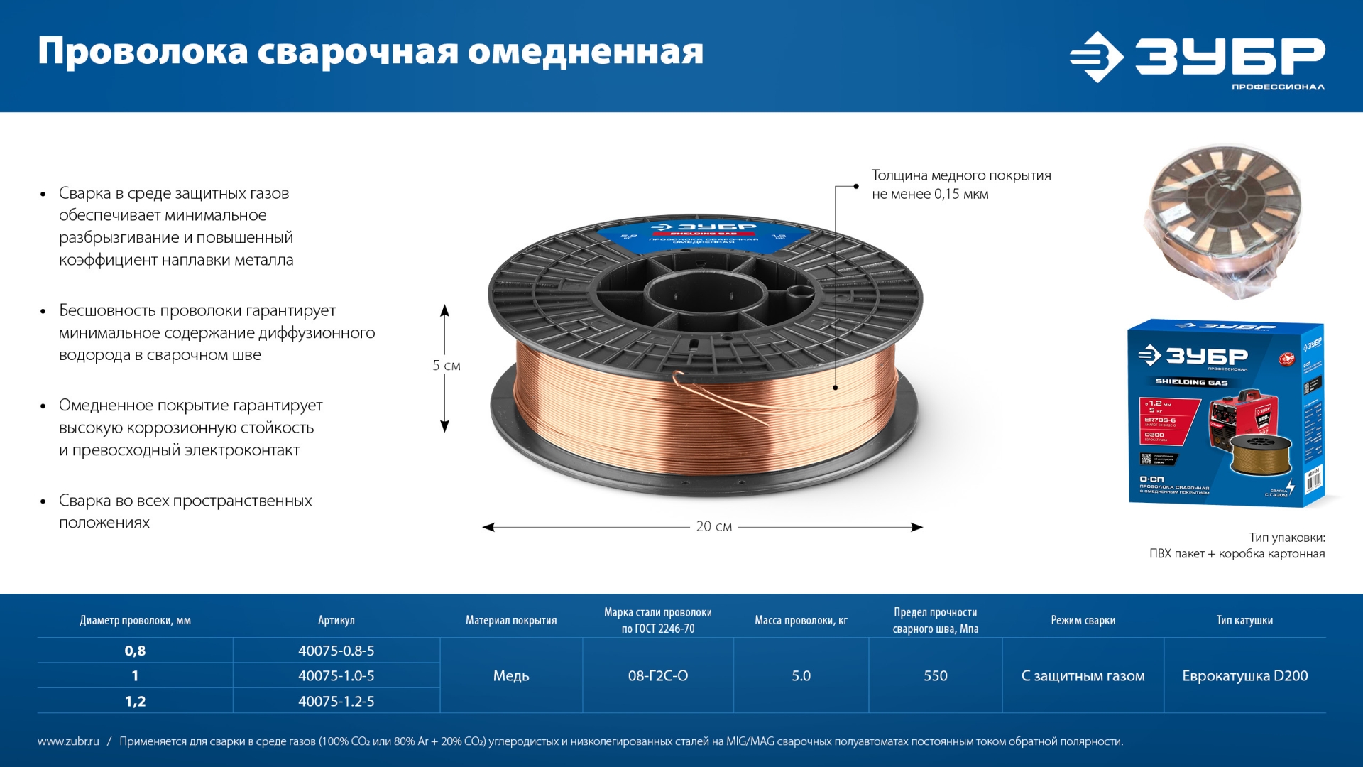 ЗУБР О-СП, d 0.8 мм, 5 кг, омеднённая сварочная проволока, тип ER70S-6 (аналог Св-08Г2С-О), Профессионал (40075-0.8-5)