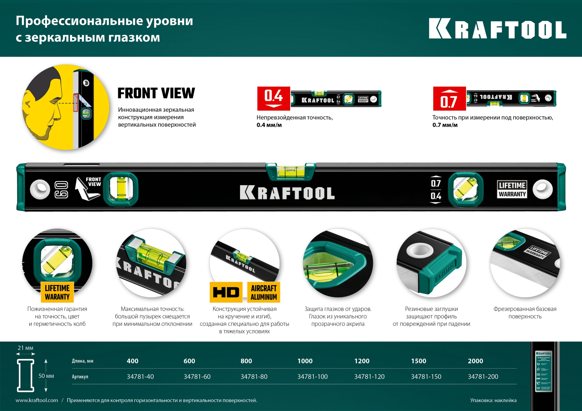 KRAFTOOL 2000 мм, с зеркальным глазком, уровень (34781-200)