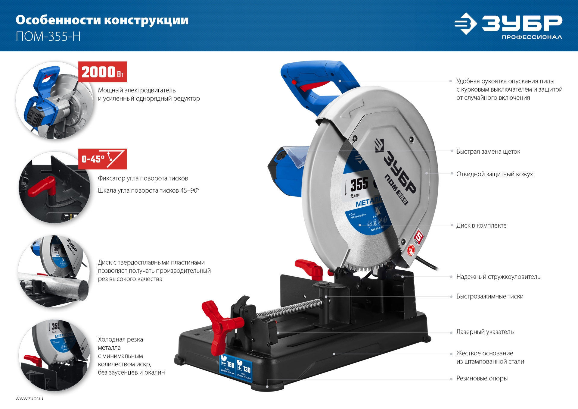 ЗУБР 355 мм, 2000 Вт, пила отрезная (монтажная) по металлу с пильным диском, холодная резка, Профессионал (ПОМ-355-Н)