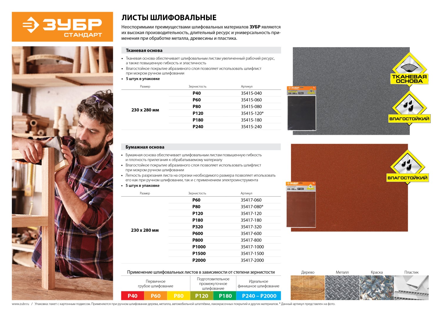 ЗУБР Р60, 230 х 280 мм, 5 шт, водостойкий, шлифовальный лист на бумажной основе (35417-060)