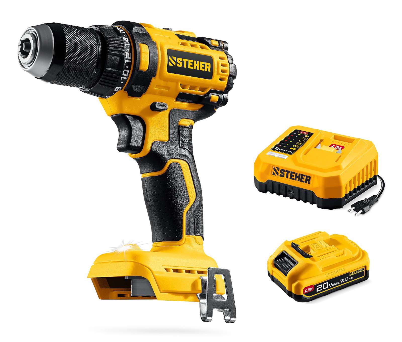 STEHER 20 В, 65 Н·м, 1 АКБ LMS (2 А·ч), бесщеточная дрель-шуруповерт (CB-65-21)