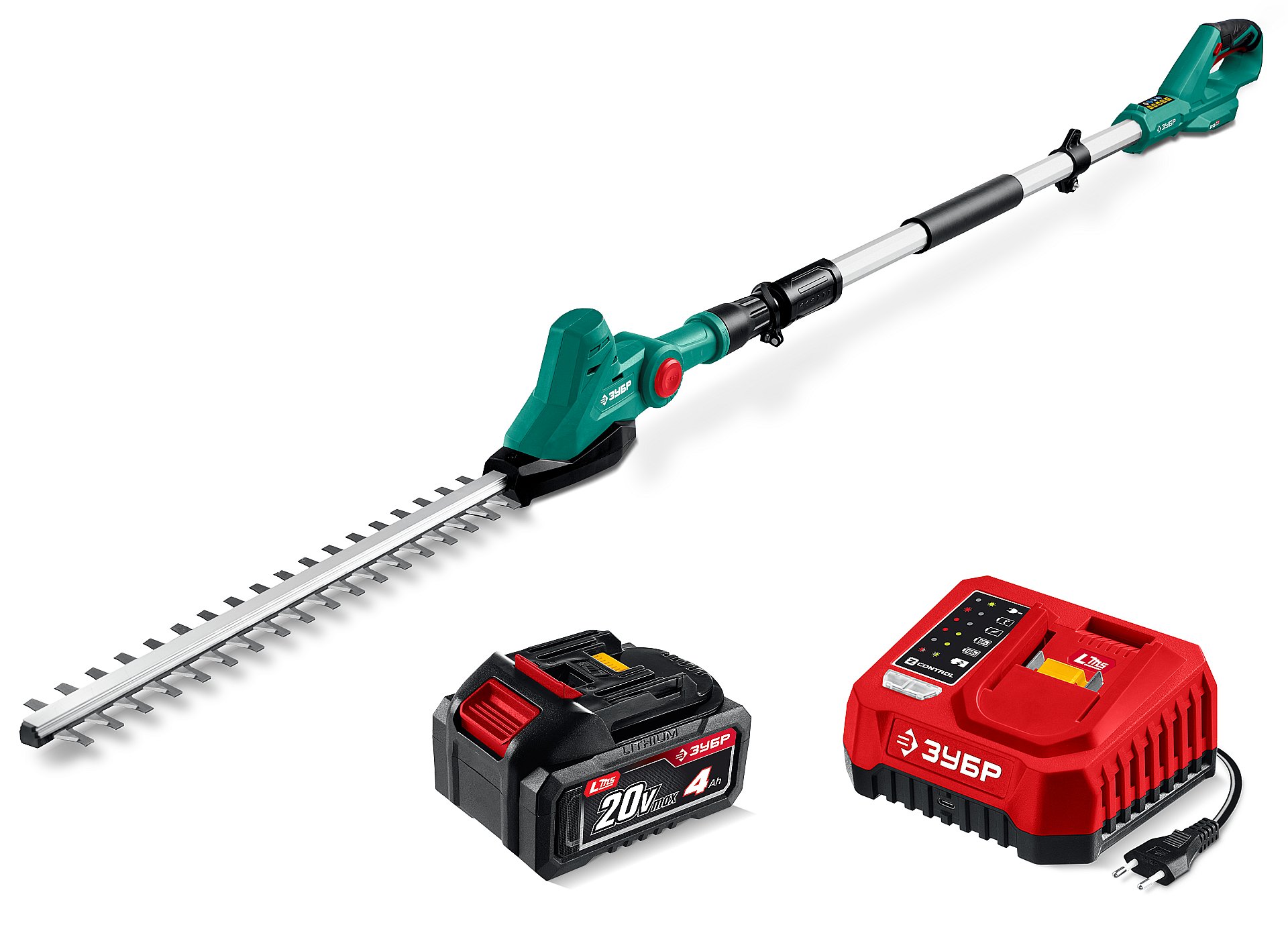 ЗУБР 20 В, 460 мм, 1 АКБ LMS (4 Ач), кусторез аккумуляторный со штангой (КРАШ-2046-41)