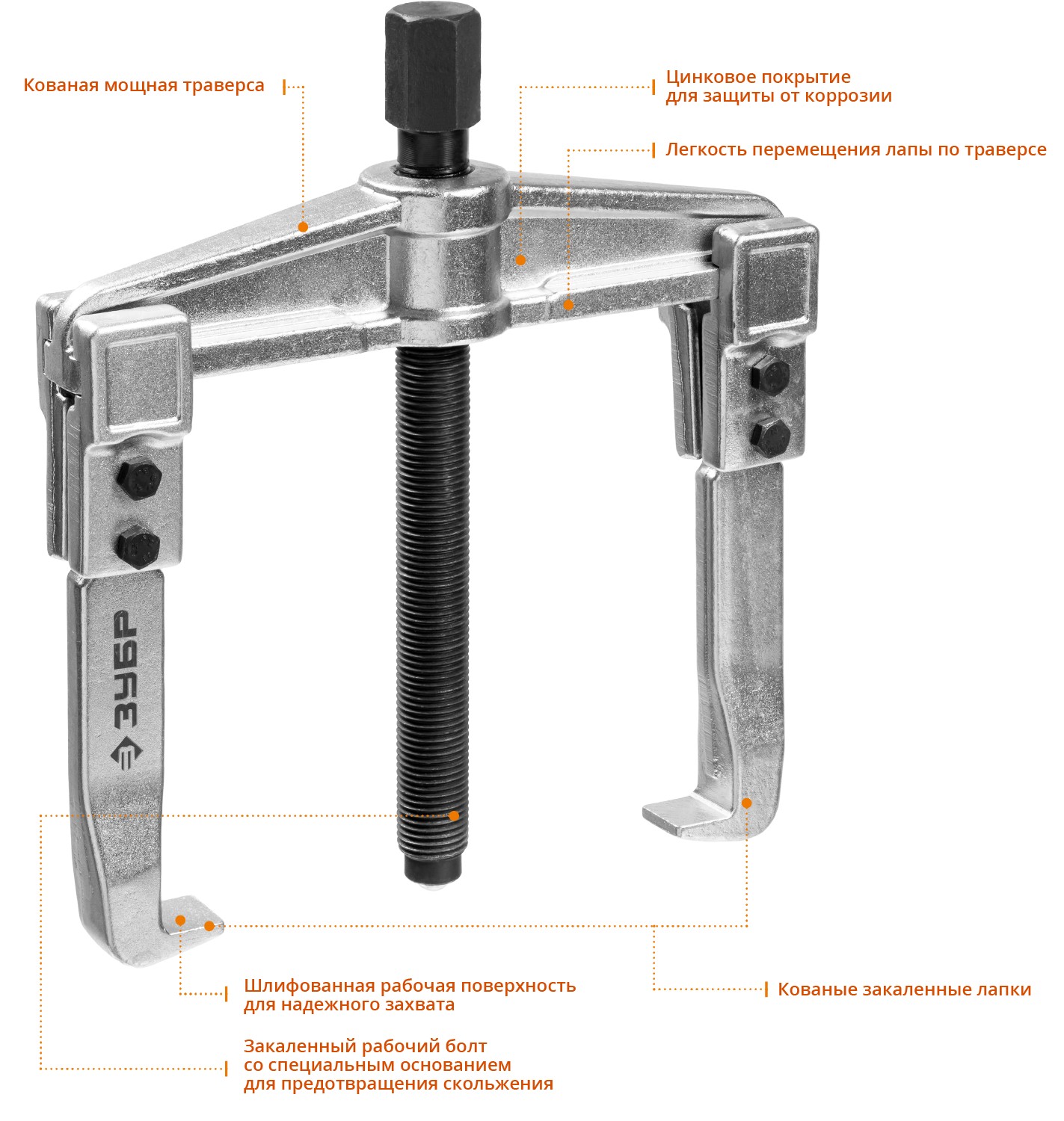 ЗУБР внешний d 50 - 165 мм, внутренний d 70 - 200 мм, раздвижной двухзахватный съемник, Профессионал (43310-200-150)