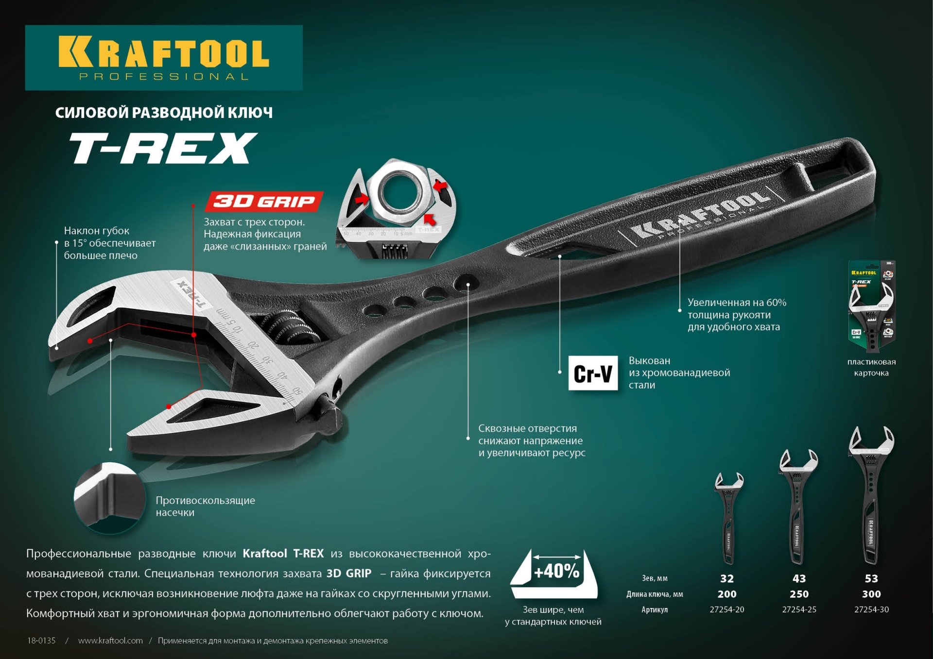 KRAFTOOL T-REX, 300/53 мм, силовой разводной ключ (27254-30)