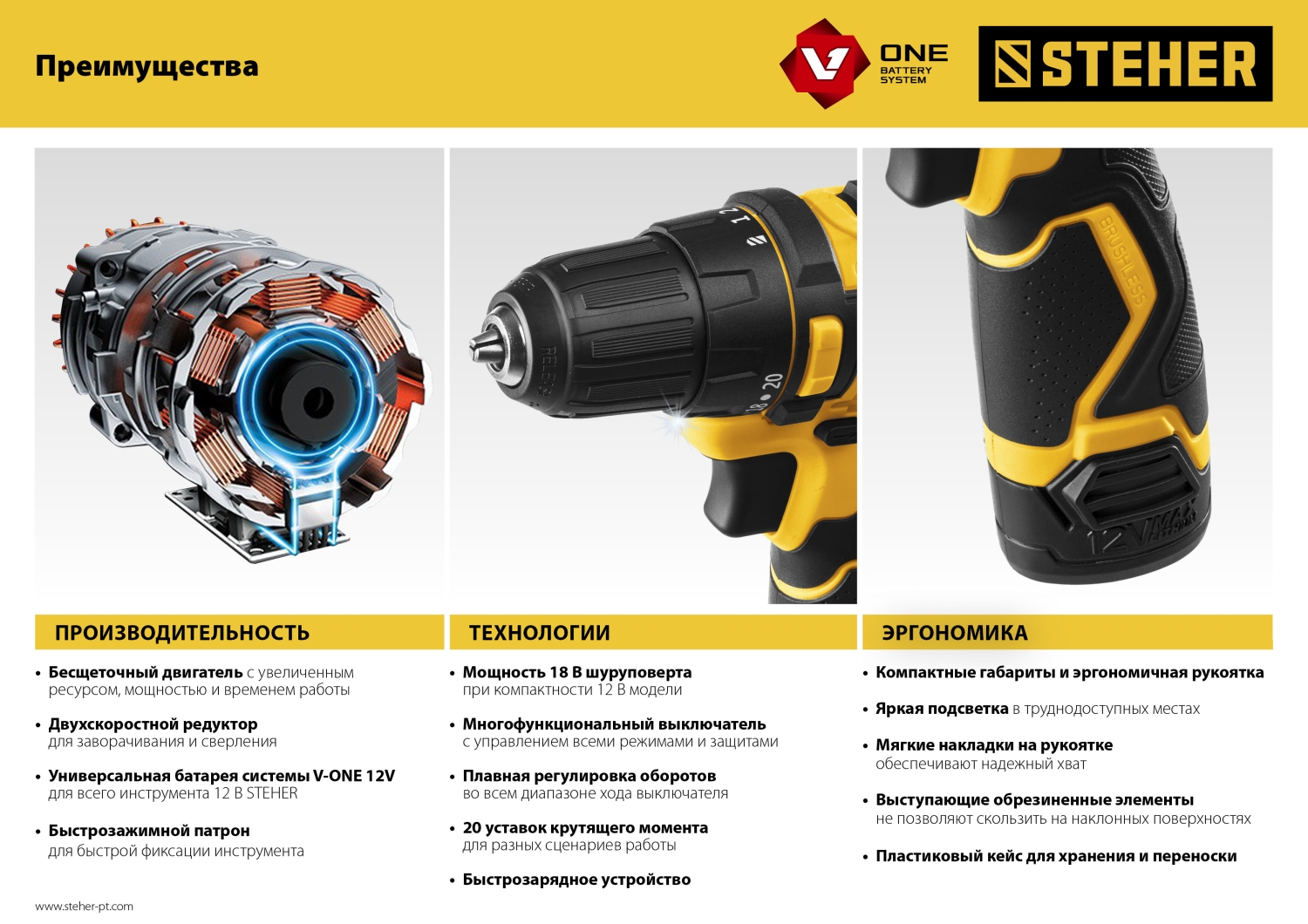 STEHER 12 В, 35 Н·м, 1 АКБ (2 А·ч), бесщеточная дрель-шуруповерт, кейс (CDB-120-1)