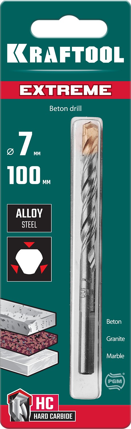 KRAFTOOL Extreme, 7 х 100 мм, трехгранный хвостовик, сверло по бетону (29166-100-07)