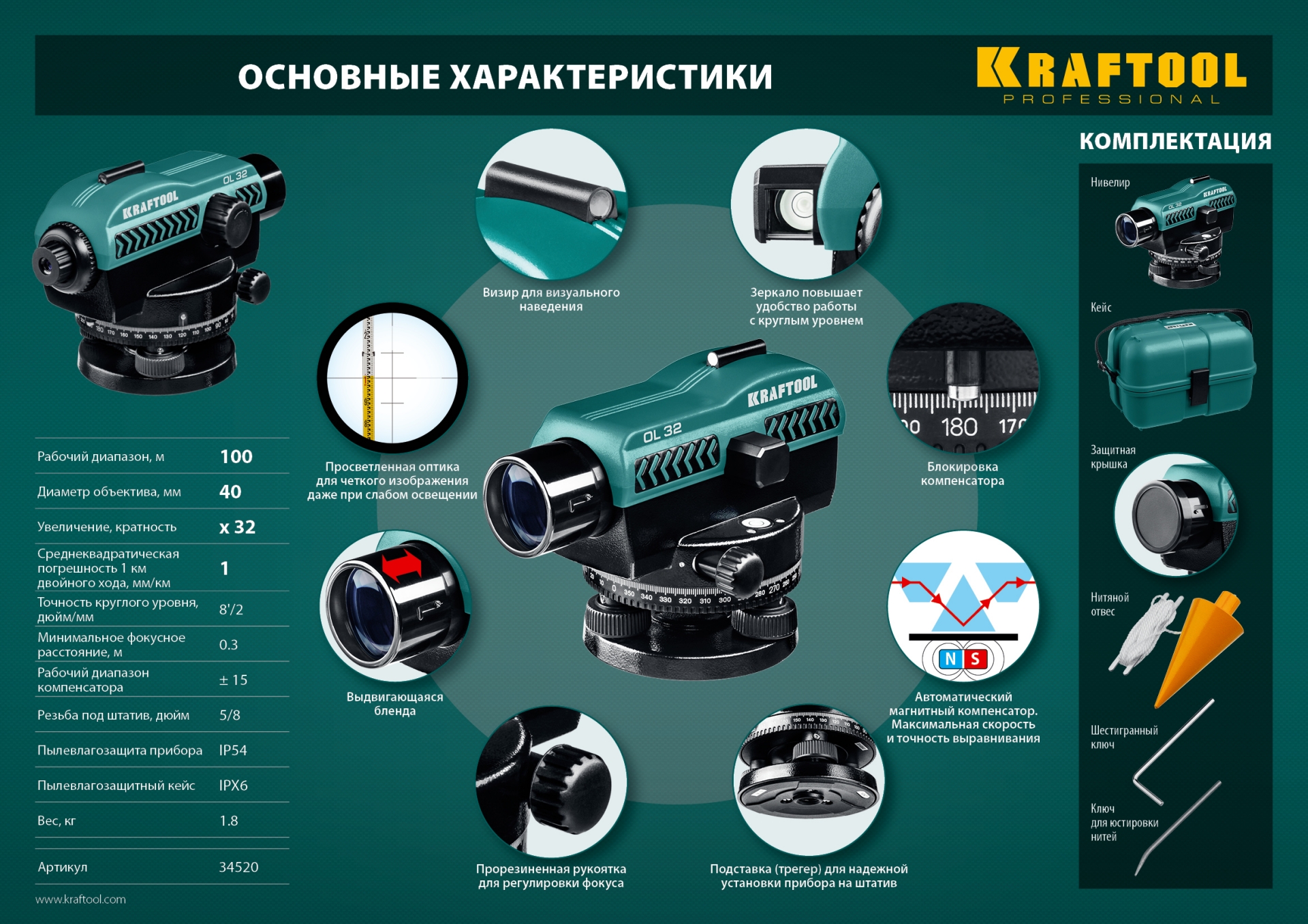 KRAFTOOL OL-32 100 м, оптический нивелир (34520)