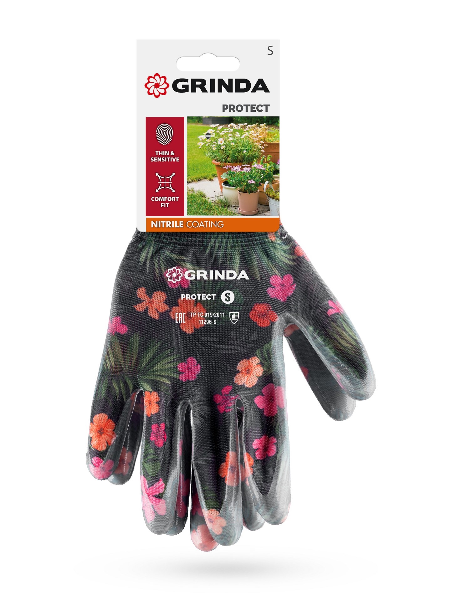 GRINDA PROTECT, S (7), садовые перчатки с прозрачным нитриловым покрытием, чёрные, 13 класс (11296-S)