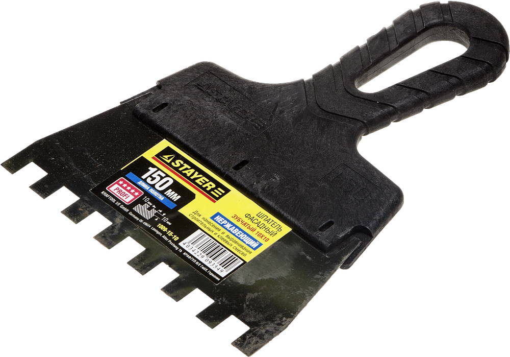 STAYER PROFlat, 150 мм, зуб 10 х 10 мм, пластиковая ручка, зубчатый, нержавеющий фасадный шпатель, Professional (1009-15-10)