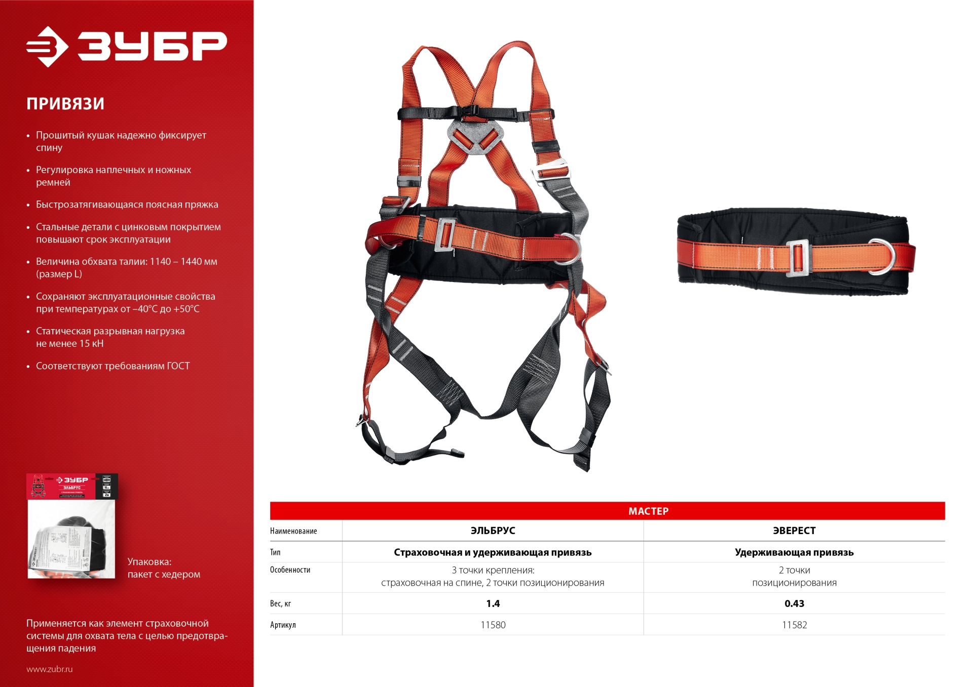 ЗУБР ЭВЕРЕСТ фурнитура из оцинкованной стали, 2 точки крепления, размер L (1140-1440), страховочная и удерживающая привязь (11582)