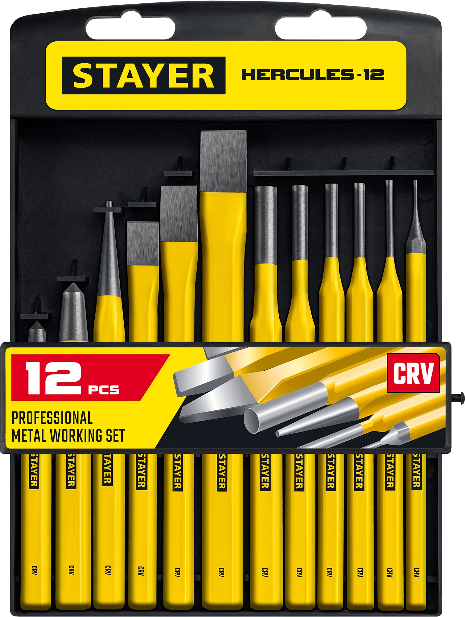 STAYER Hercules, 12 предметов, набор зубил и кернеров в пластиковом держателе, Professional (21077-H12)