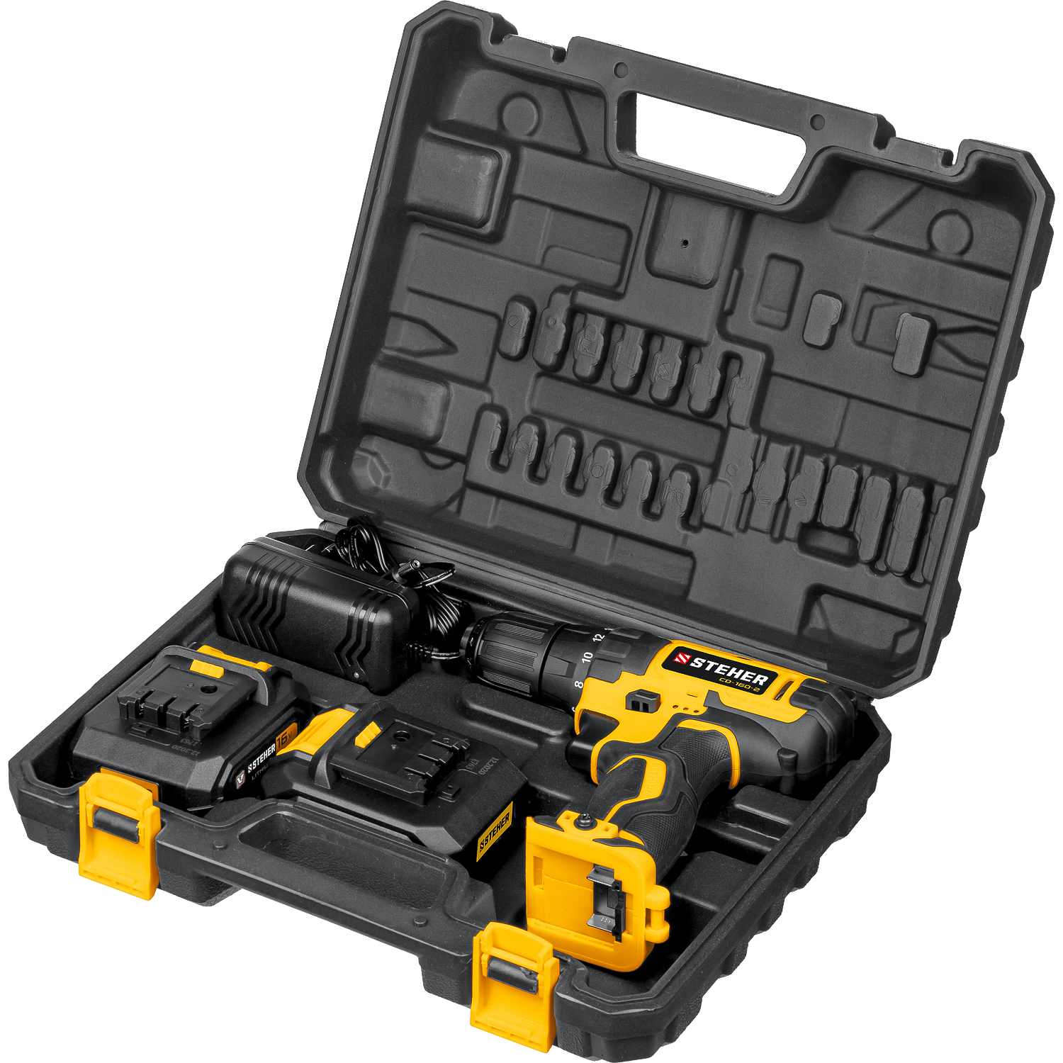 STEHER 16 В, 35 Н·м, 2 АКБ (2 А·ч), дрель-шуруповерт, кейс (CD-160-2)
