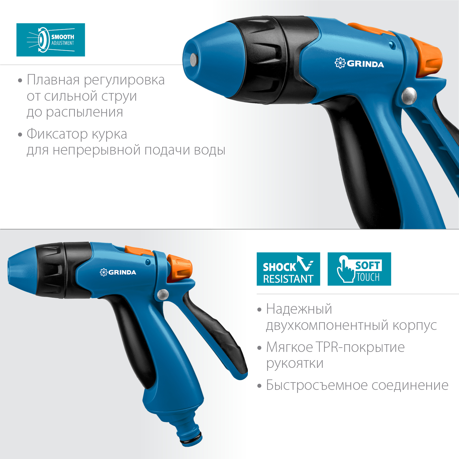 GRINDA B-R, плавная регулировка напора, курок сзади, двухкомпонентный, поливочный пистолет, PROLine (429111)