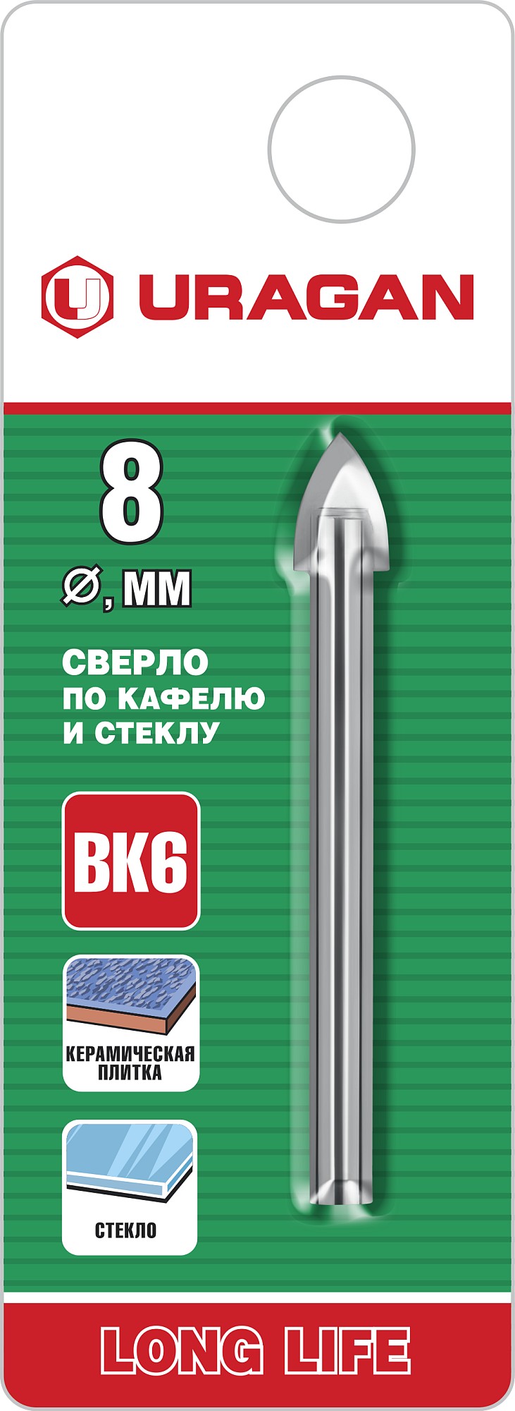 URAGAN 8 мм, 2х кромка, цилиндр хвостовик, Сверло по стеклу и кафелю (29830-08)