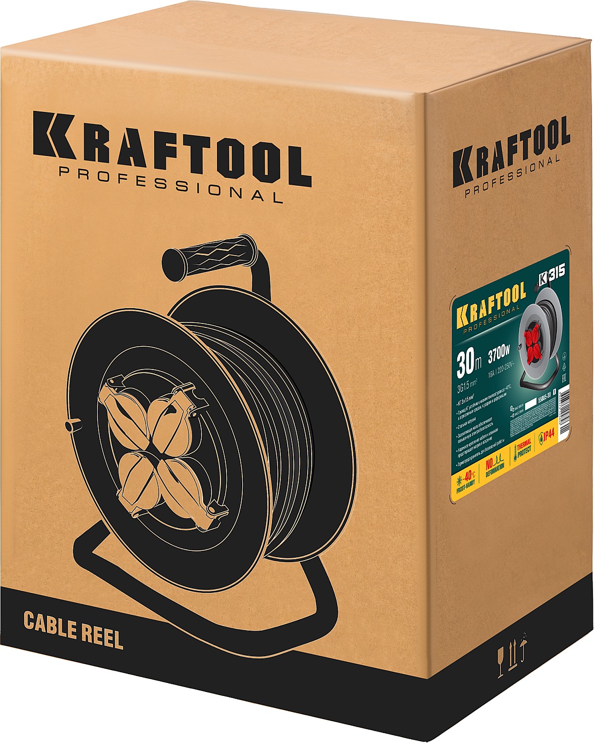 KRAFTOOL K-315, КГ, 3 x 1.5 мм2, 30 м, 3700 Вт, IP44, силовой удлинитель на стальной катушке (55085-30)