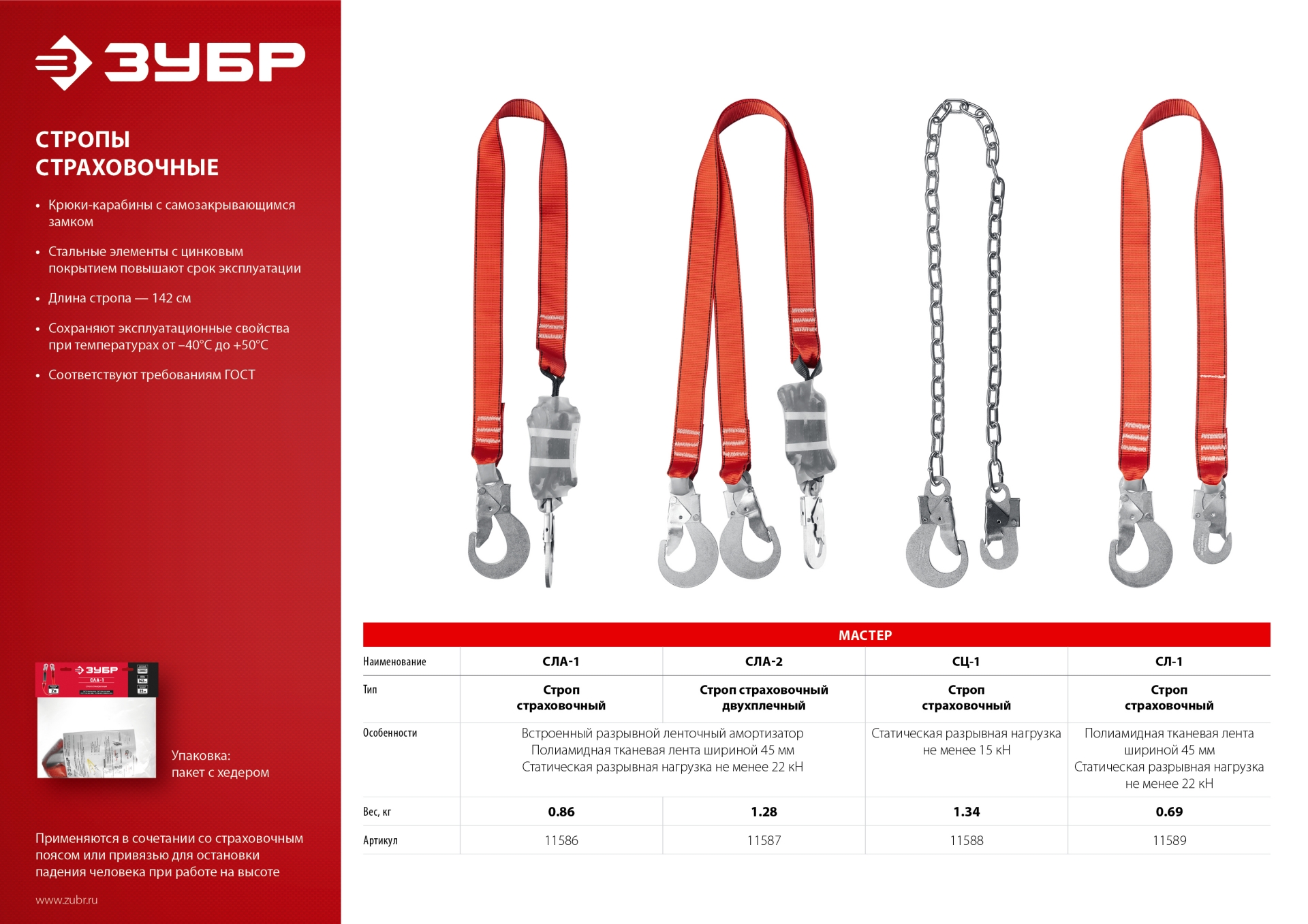 ЗУБР СЛА-1 карабины из оцинкованной стали, длина - 1.42м, разрывной ленточный амортизатор, одноплечный строп (11586)