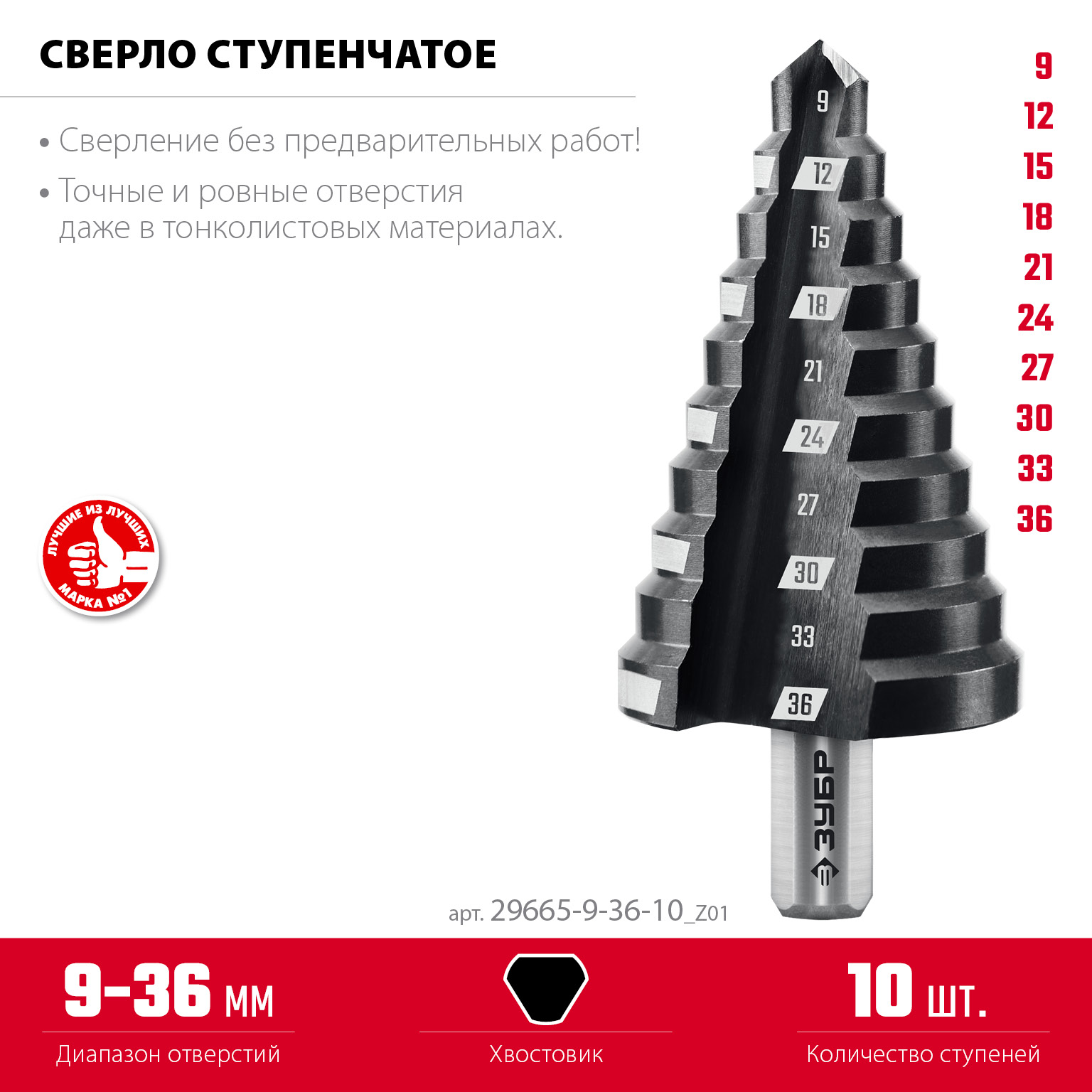 ЗУБР 9-36мм, 10 ступеней, сверло ступенчатое (29665-9-36-10)