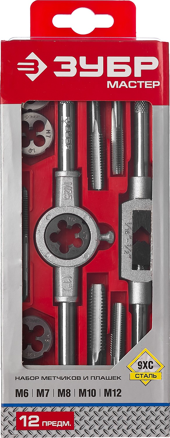 ЗУБР 12 предм., сталь 9ХС, набор метчиков и плашек в пластиковом боксе (28121-H12)