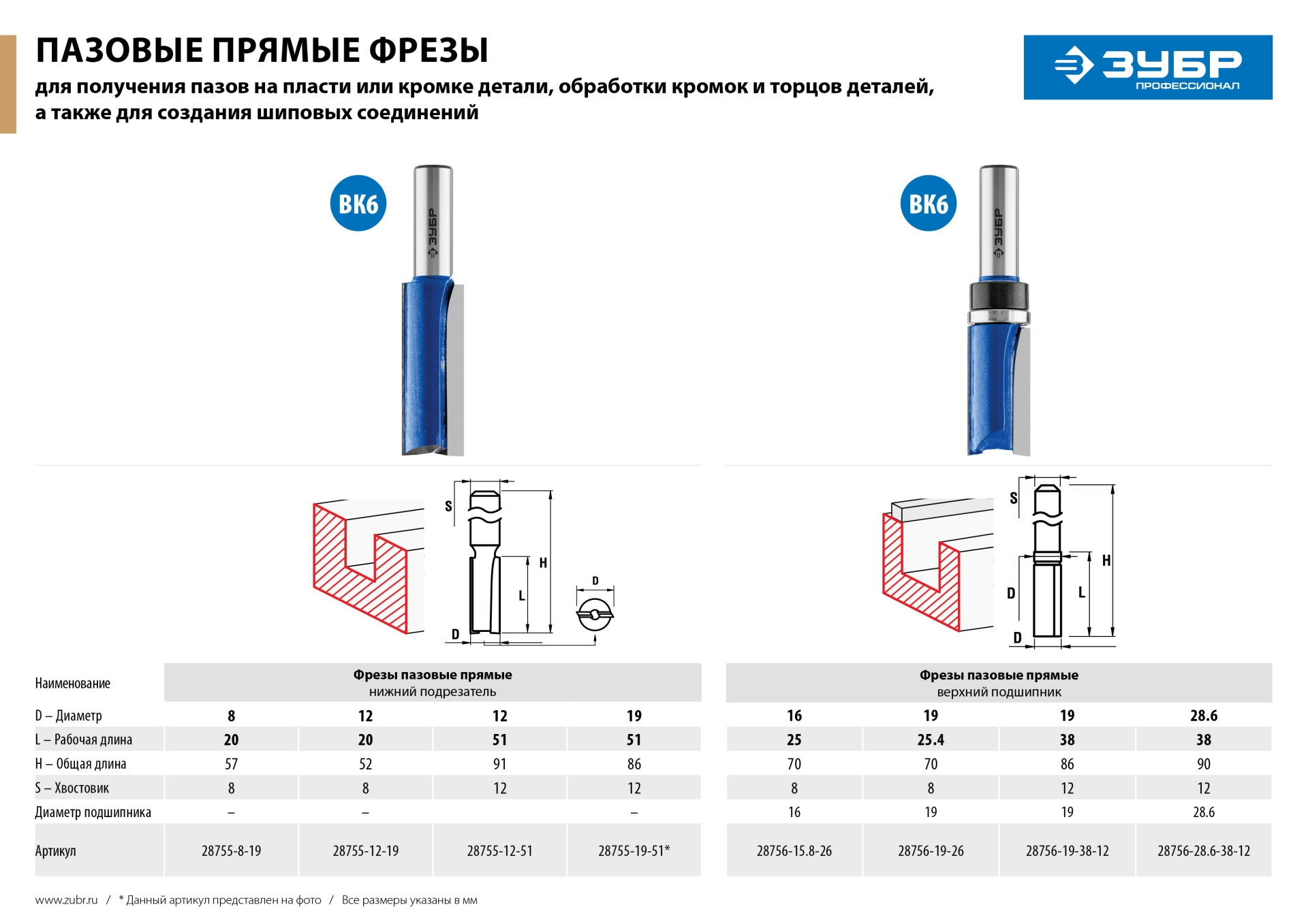 ЗУБР 8 x 19 мм, хвостовик 8 мм, фреза пазовая прямая с нижними подрезателями, Профессионал (28755-8-19)