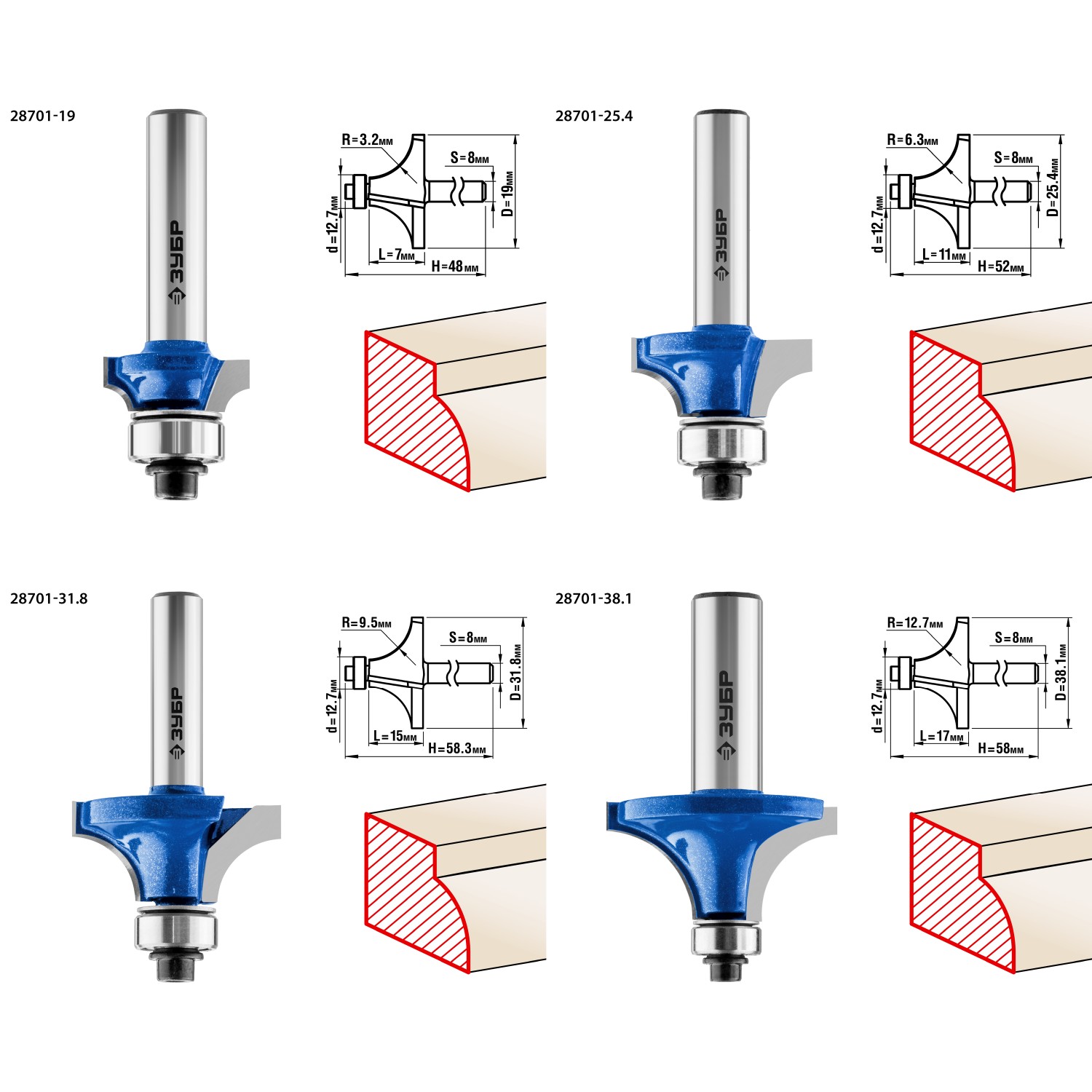 ЗУБР 4 шт, набор профильных фрез по дереву, Профессионал (28795-H4-2)