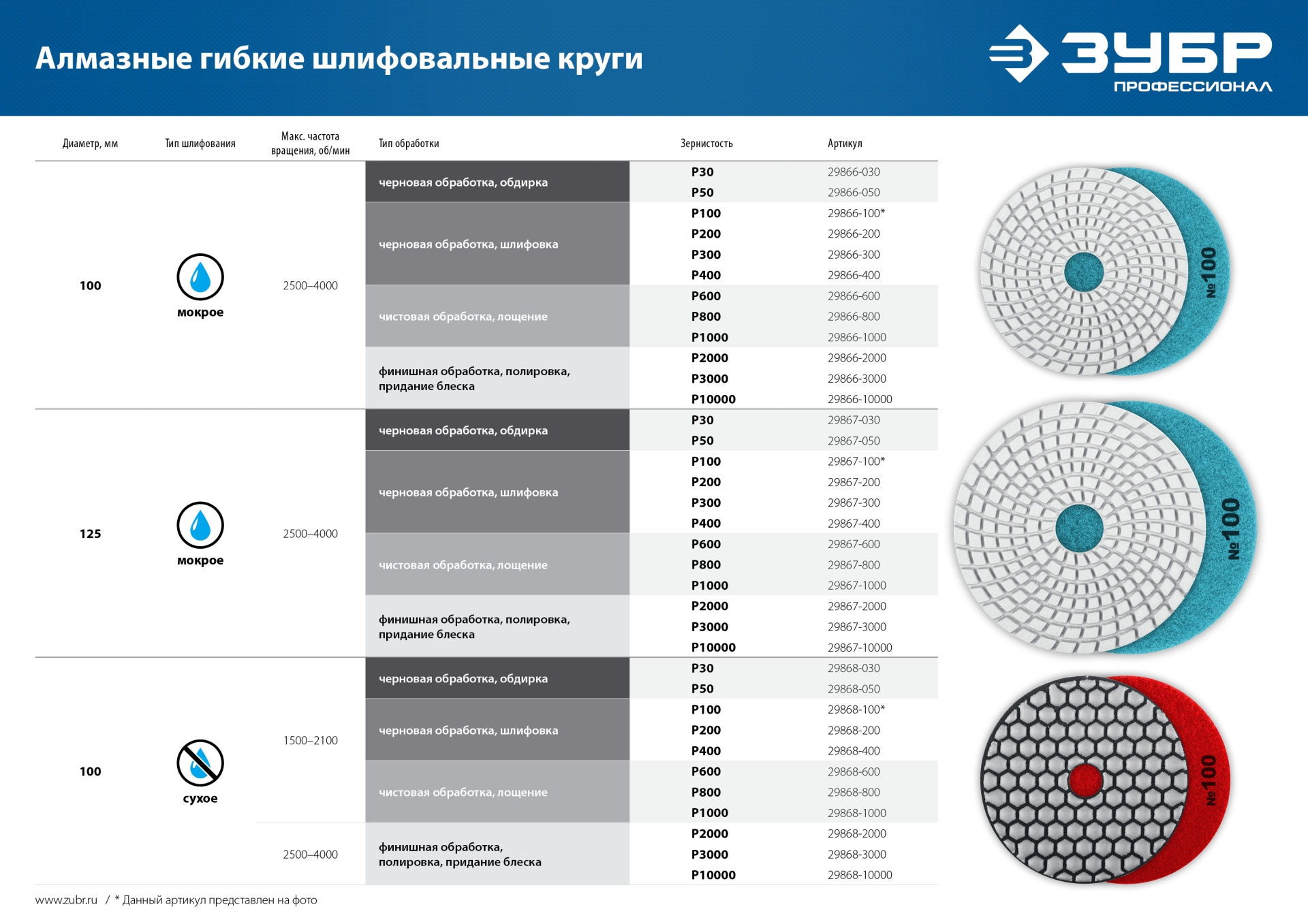 ЗУБР 100 мм, №30, сухое шлифование, алмазный гибкий шлифовальный круг АГШК, Профессионал (29868-030)