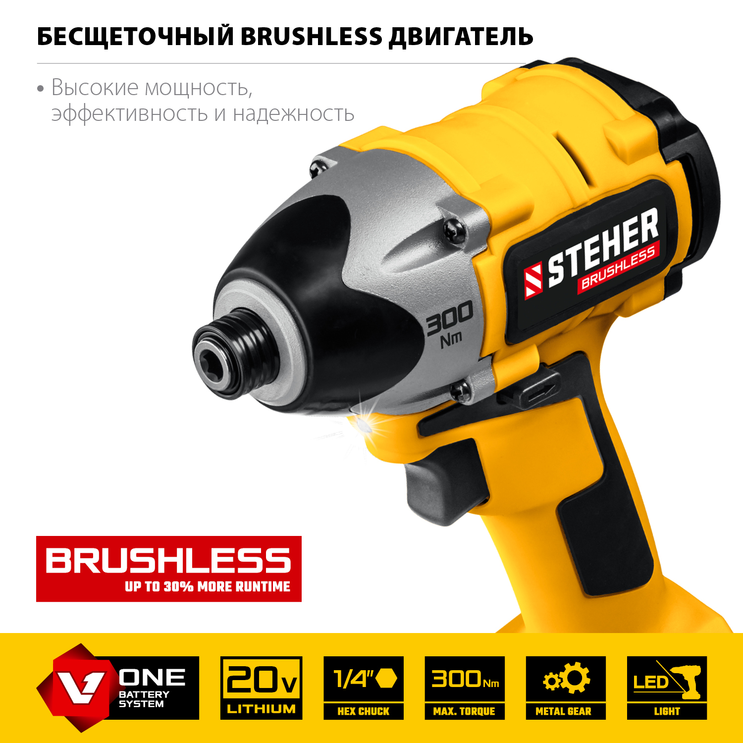 STEHER V1, 20 В, 300 Н·м, 2 АКБ (2 А·ч), бесщеточный винтоверт, кейс (CSB-300-2)