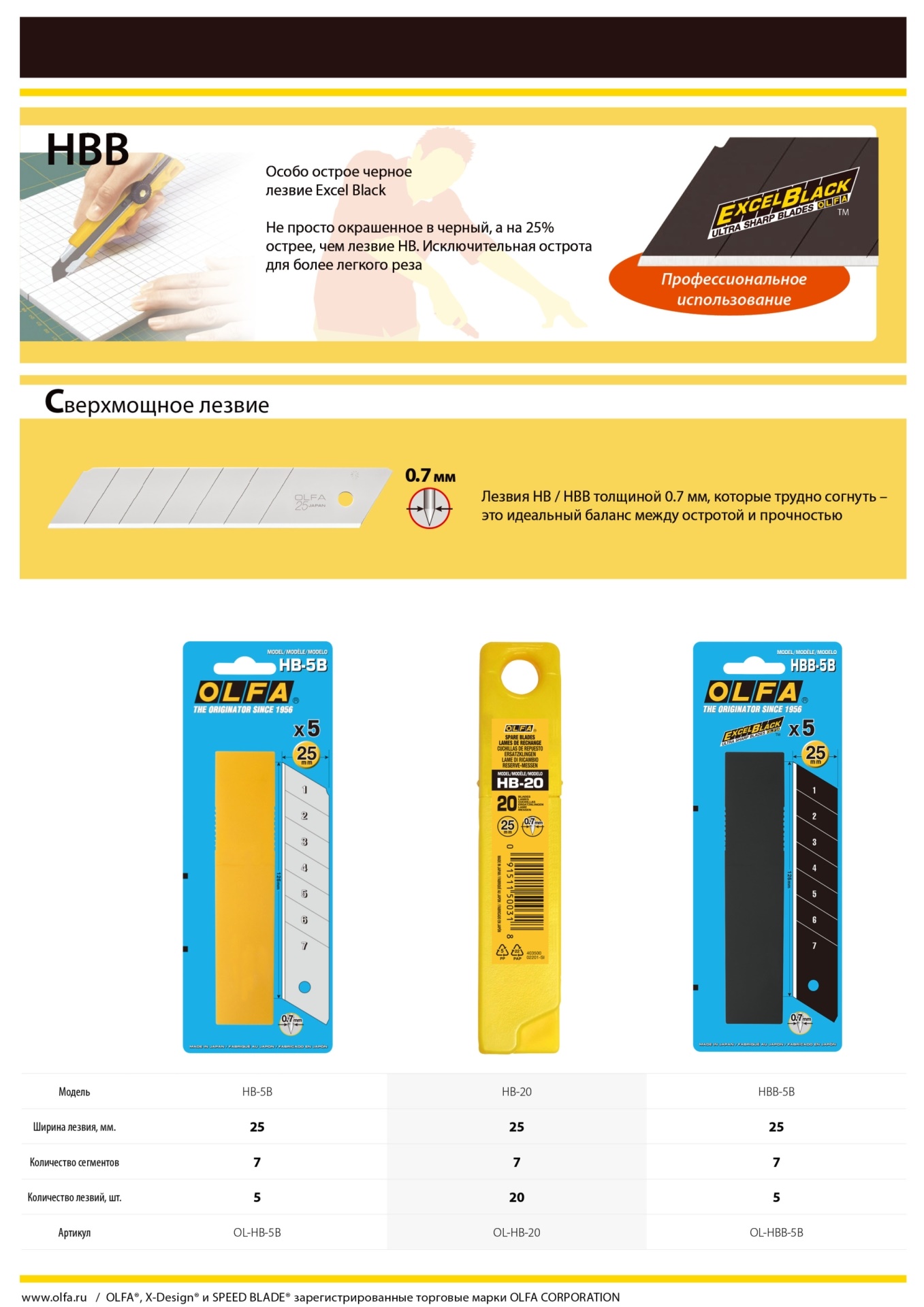 OLFA 25 мм, 20 шт, в пластиковом кейсе + блистер, черные сегментированные лезвия, особо острые, EXCEL BLACK (OL-HBB-20)