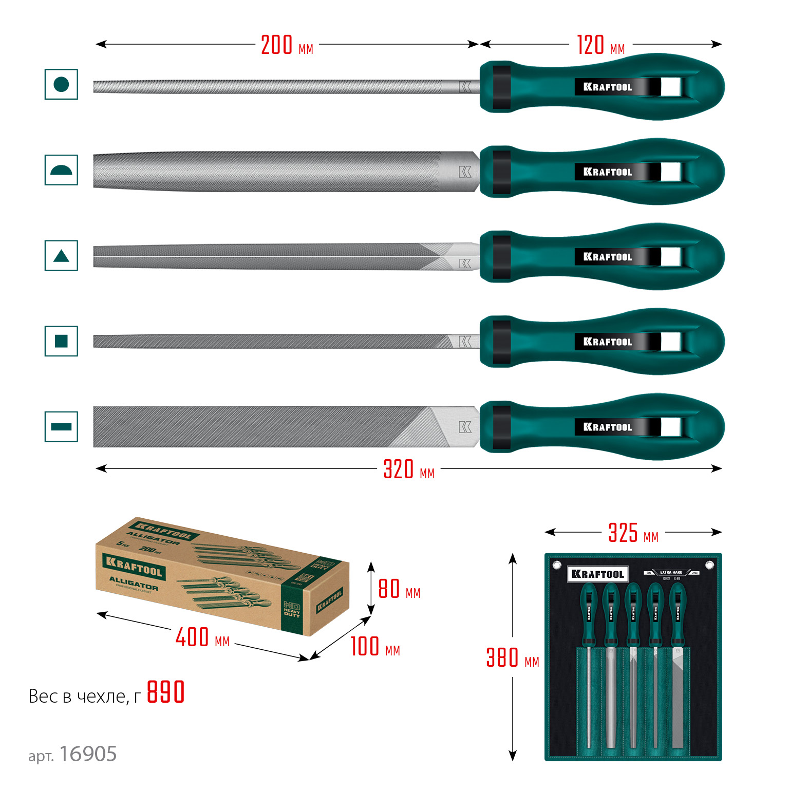 KRAFTOOL ALLIGATOR набор напильников, двухкомпонентная рукоятка, 200 мм