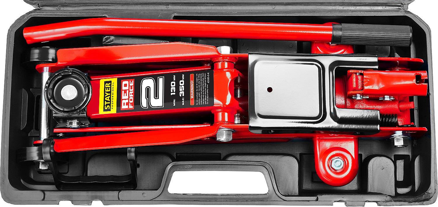 STAYER R-28 RED FORCE, в кейсе, 2 т, 130 - 350 мм, подкатной домкрат для легковых а/м, Professional (43153-2-K)
